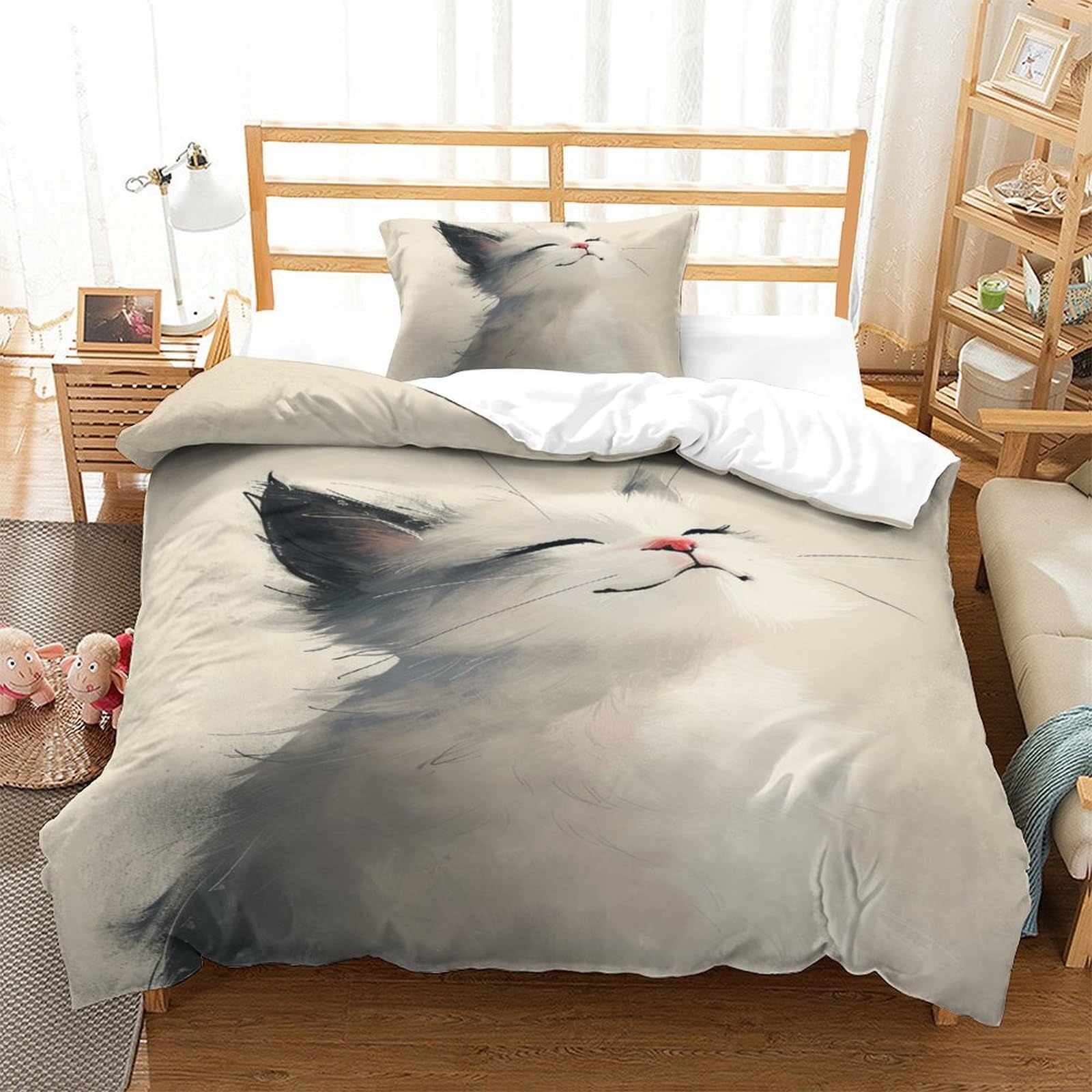 Ensemble de literie chat coloré 3D avec housse de couette 135x200 et taies d'oreiller