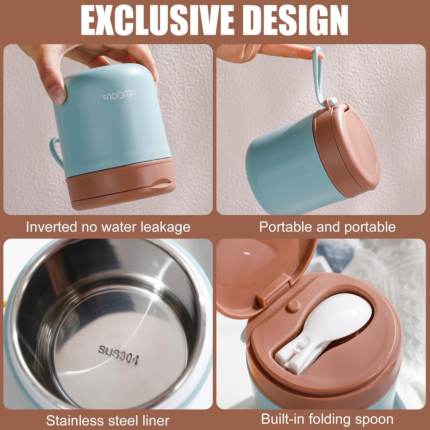 Bokon 2 Pcs 14. 5 oz Portable Insulated Food Jar with Folding Spoon for Hot and Cold Food Stainless Steel Width Mouth Leak Proof Vacuum Thermal Lunch Box for Adult Office Soup Salad Fruit(Green, Blue)