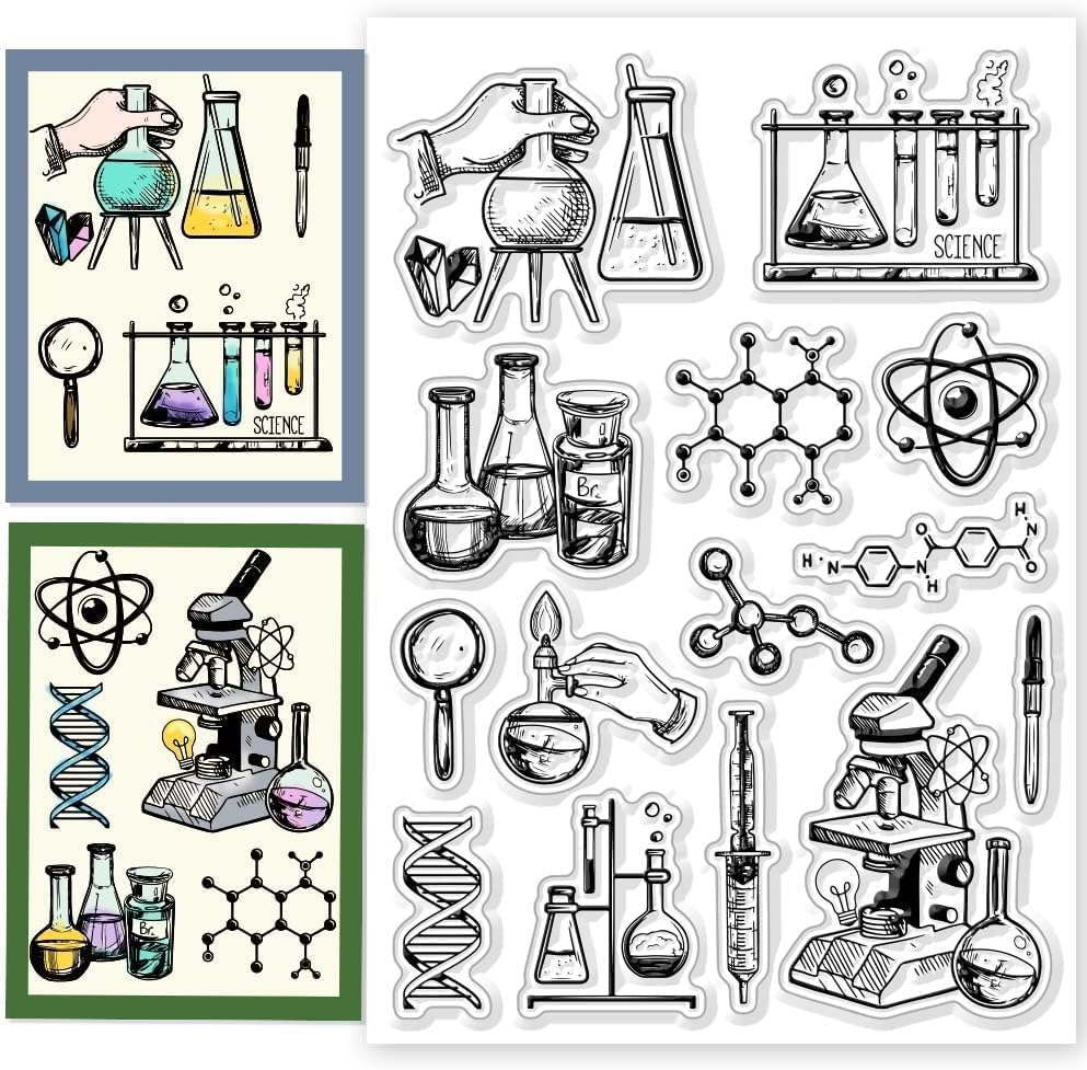 Science Clear Stamps Microscope Stamps Test Tube Pattern Silicone Clear Stamp Seals for DIY Scrapbooking Photo Album Decoration, 4.3x6.3inch