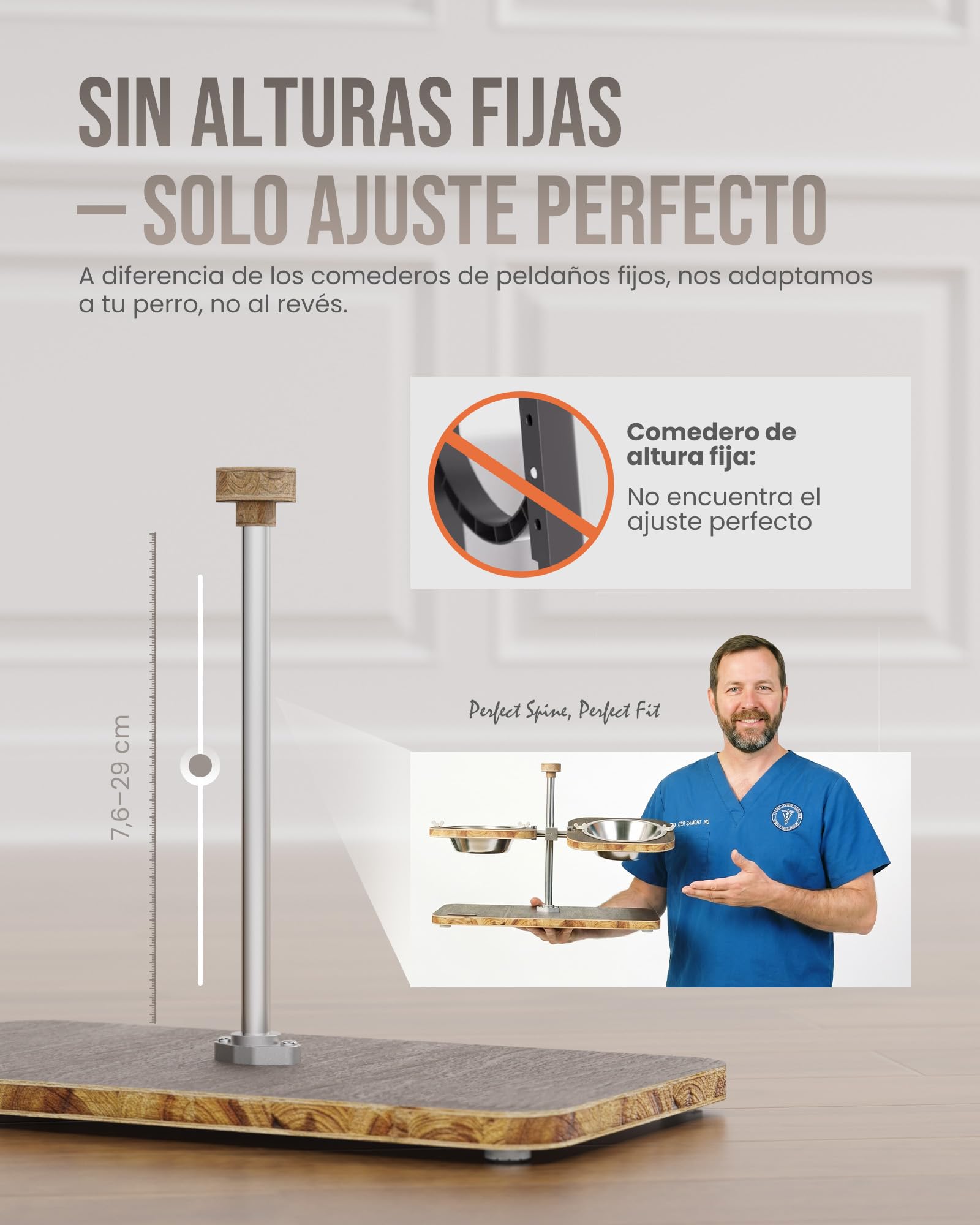 kittyspout Comedero Elevado para Perros con Altura e inclinación Ajustables | Soporte de madera FSC clase E0, 2 cuencos de acero inoxidable aptos para lavavajillas, base antideslizante