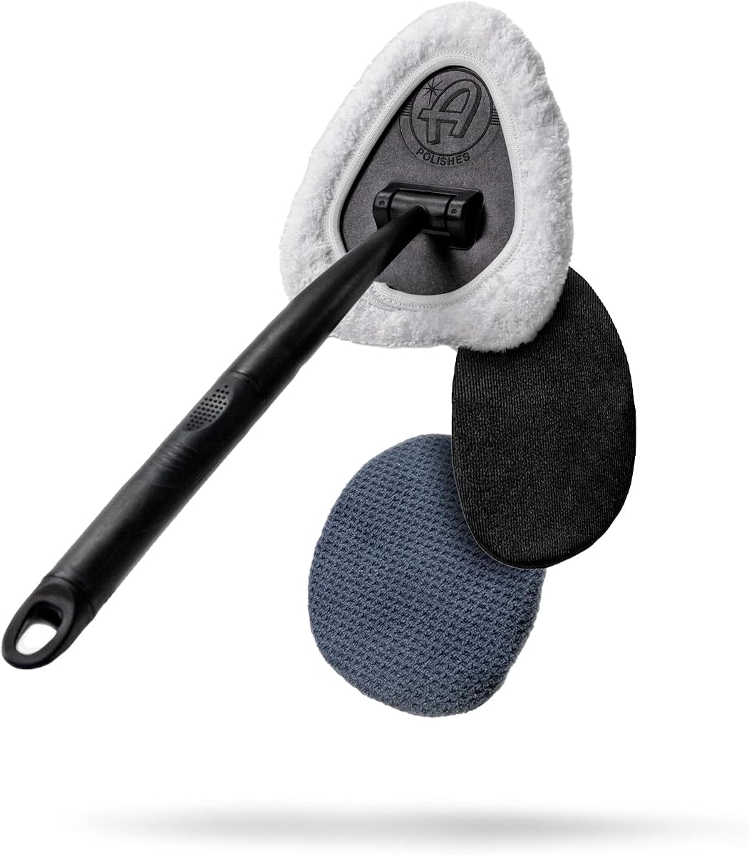 Windshield Cleaning Tool - Car Interior Window Glass Wand Accessory with 3 Microfiber Pads & Extendable Handle for Removing Dust, Moisture, Haze, Defrosting, Etc.