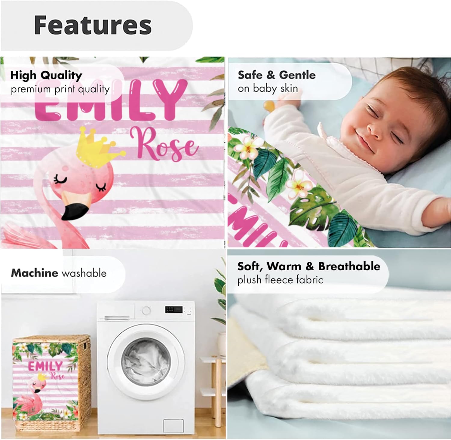 Personalized Flamingo Baby Blanket, Pink Striped Custom Name Swaddle, Tropical Nursery Decor, Soft Crowned Flamingo Wrap, Floral Newborn Gift