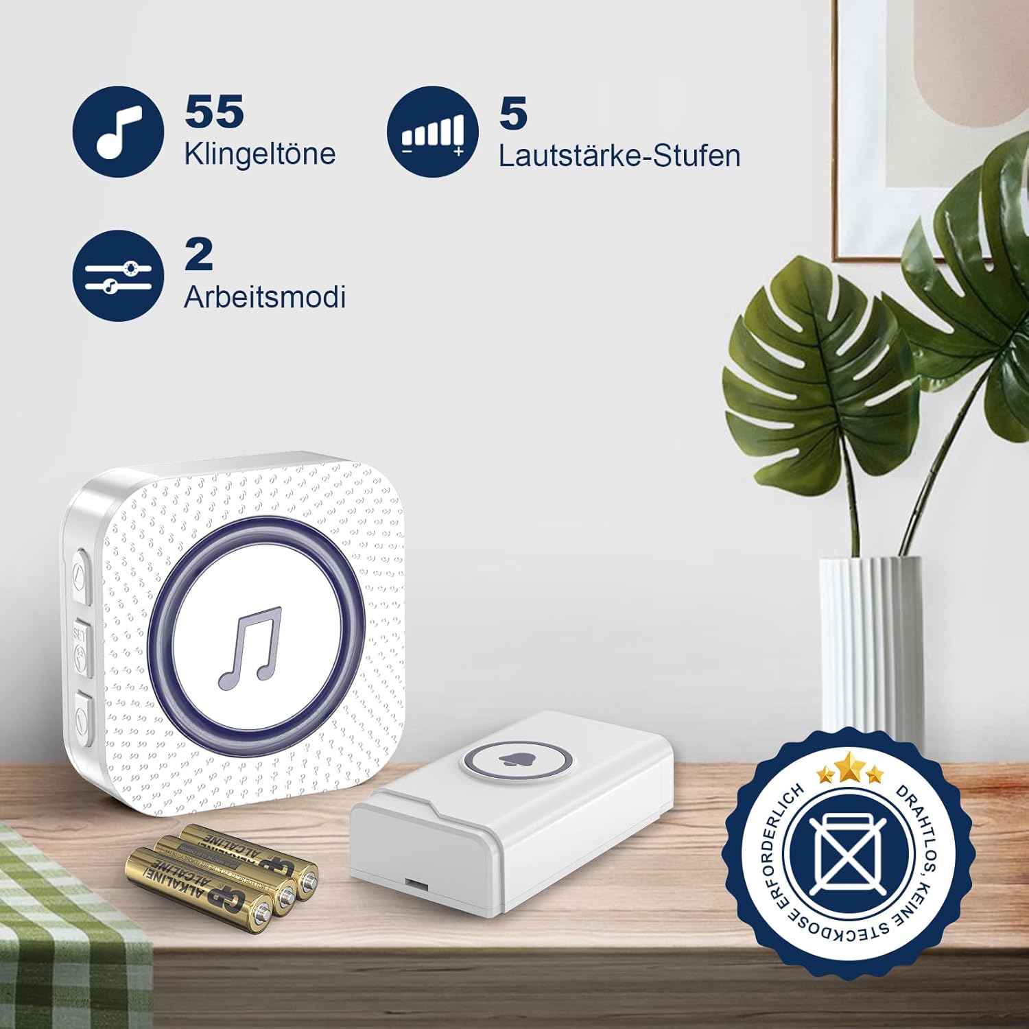 SURFOU Battery Powered Wireless Doorbell 1300FT Range for Home/House/Office/Business, 55 Melodies Waterproof Door Chime Kit with 5 Volume Levels & LED Flash, 1 Push Button & 1 Receiver, White