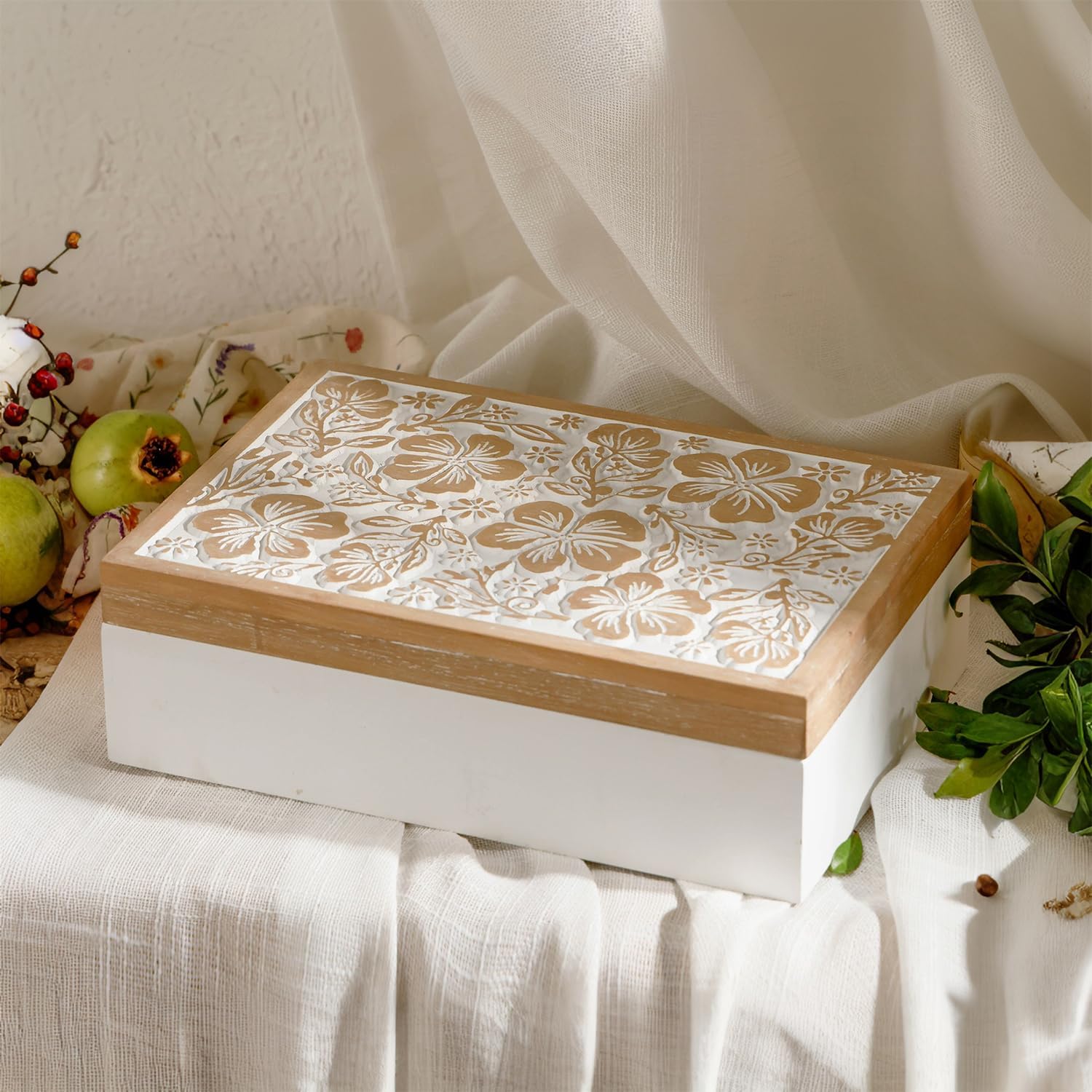 Wooden Keepsake Box - Decorative Floral Wood Boxes with Hinged Lid, Flower Engraved Design, 10.24" W