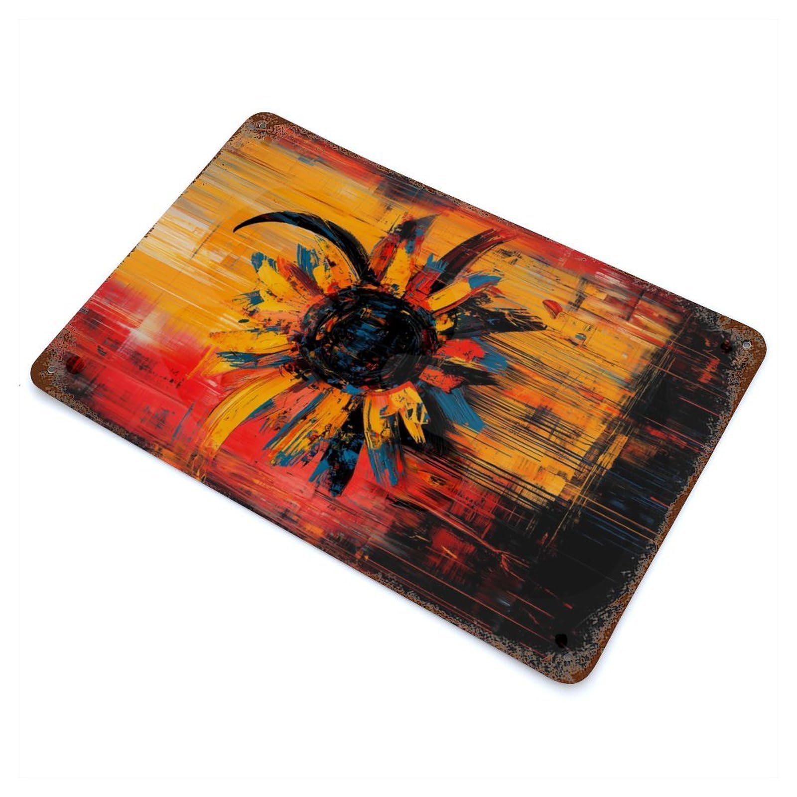 Garage Style Radiant Bloom Contemporary Expressionist Sunflower Artwork Aged Metal Wall Plaque 11.8"x7.9", Vintage Wall Decor for Bar And Workshop