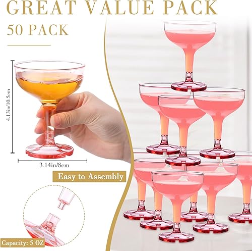 Miniatura 2 de Zopeal 50 copas de champán de 5 onzas irrompibles de plástico Martini desechables, copas de vino apilables con tallo de champán, copas inastillables