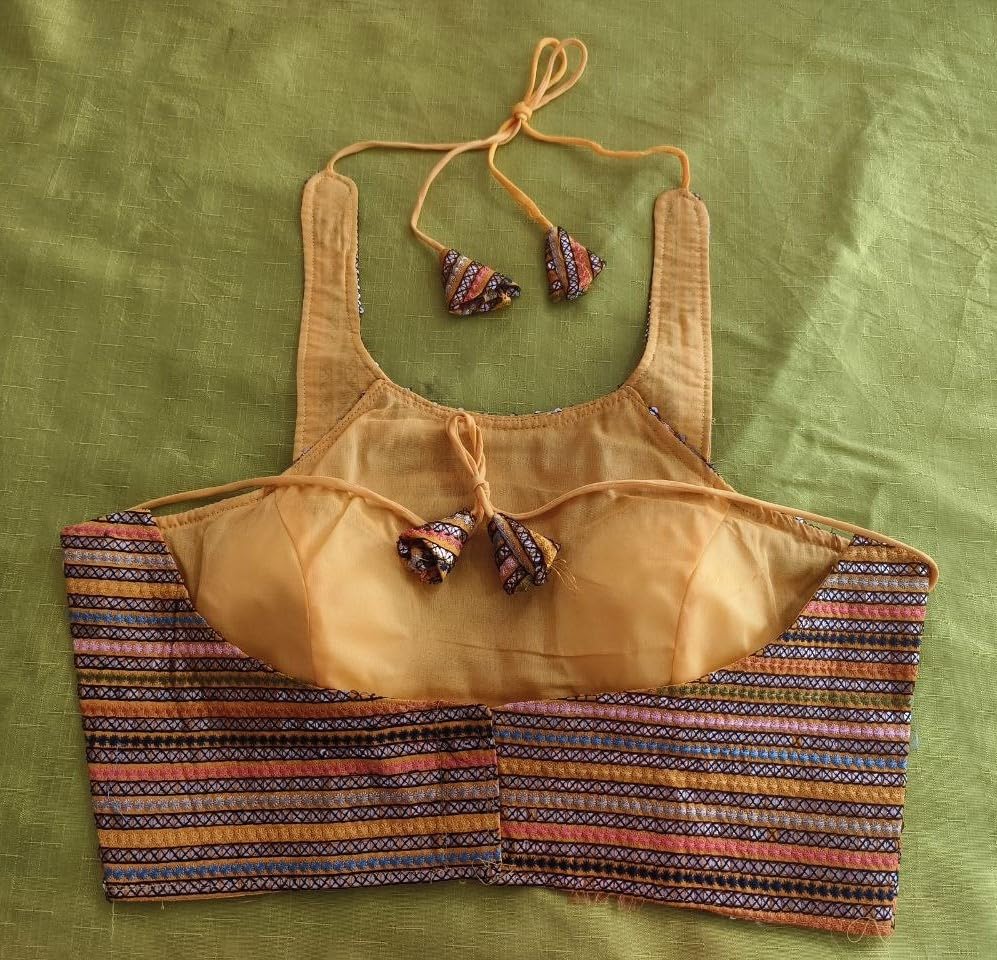 Pujia Mills Women's Sequin Embroidered Halter Neck Sleeveless Readymade Saree Blouse Indian Ethnic Designer Stitched Women's Readymade Saree Blouse Sleeveless Blouse Readymade Gold Blouse For Women