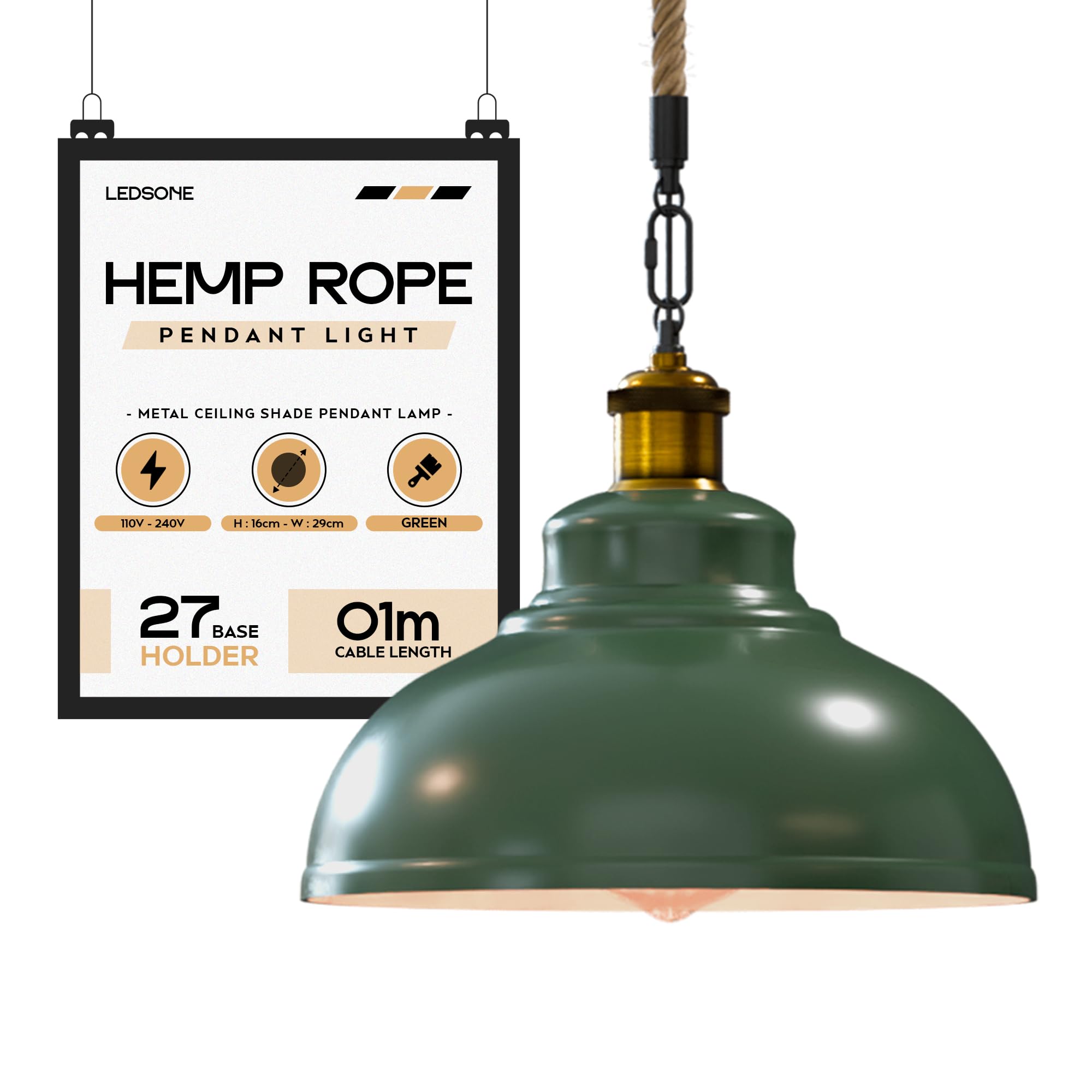 Green Pendant Lights Jute Rope Kitchen Island Lights 29cm Metal Lamp Shade