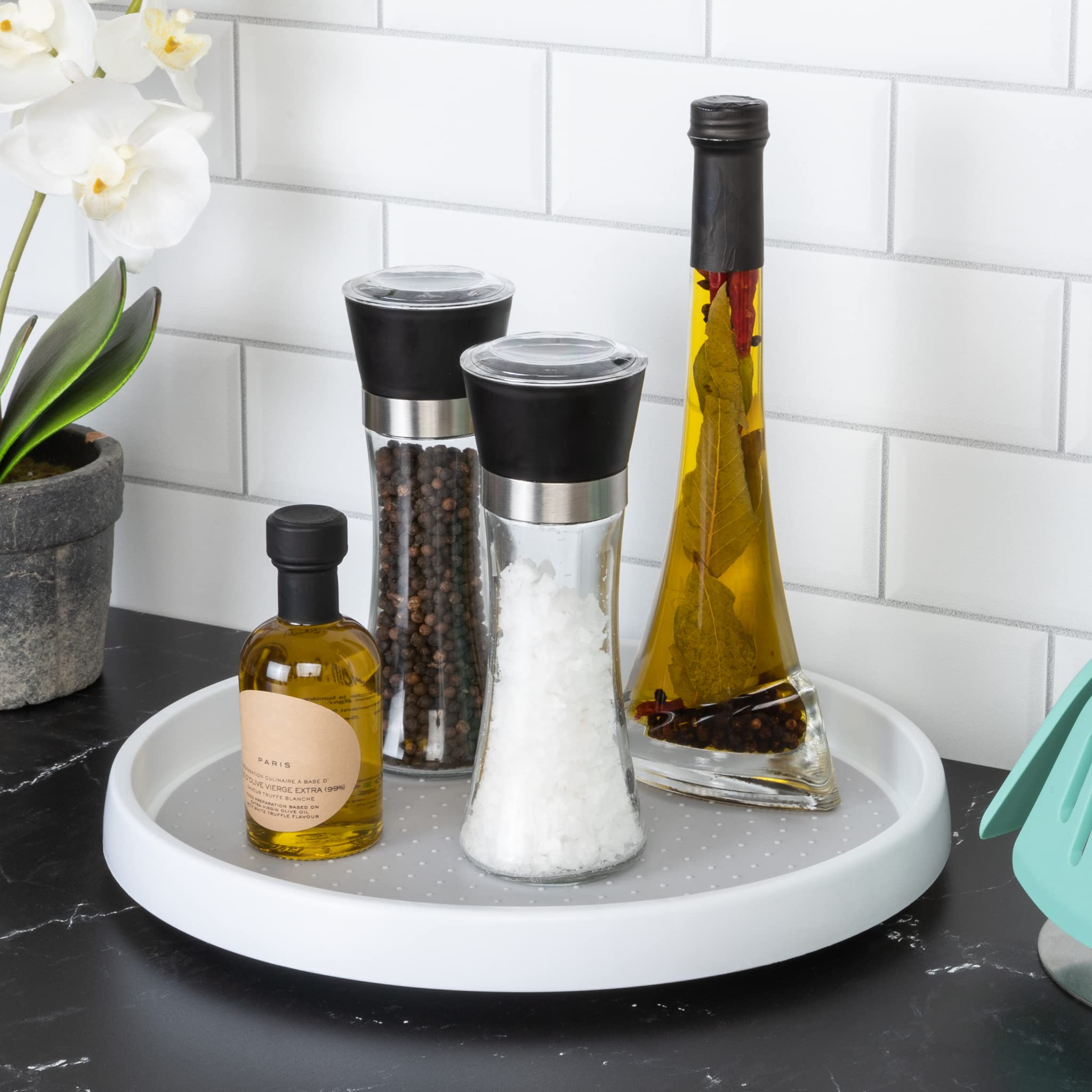 Smart Design Lazy Susan Turntable - 12 Inch - Non-Slip Lining and Feet - BPA Free - Cupboard, Fridge, Jars, Spices, Cans, Cabinet, Countertop, Pantry, Storage, Kitchen Organizer - White with Gray