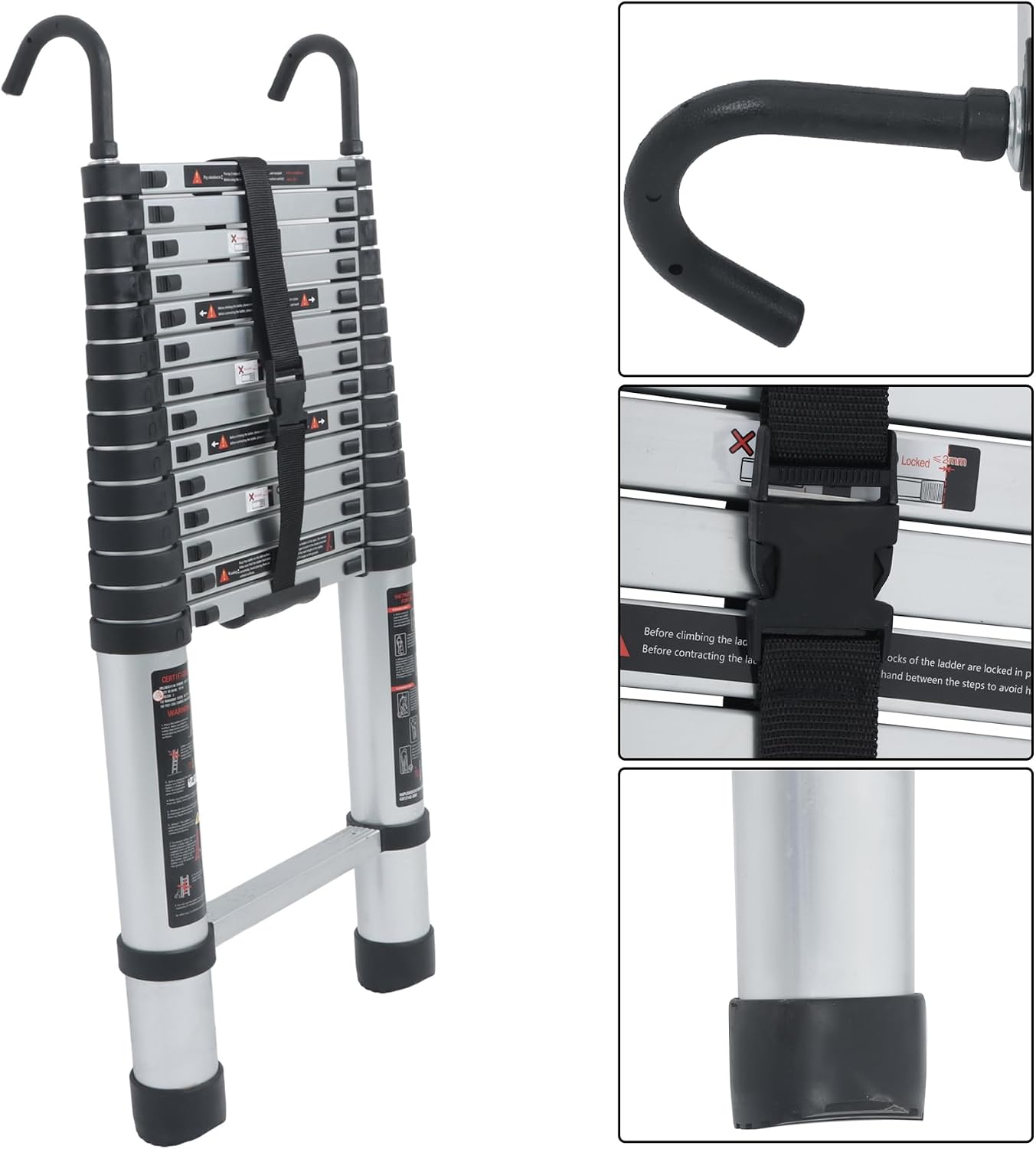 HOSTIC Telescopic Ladder 14.5 Feet, Removable Hook on Top With Double Locking Adjustable Clasp, Made of Aluminum Alloy, Load Capacity 330 Lbs, Used for Household Cleaning, Gardening Pruning Decoration