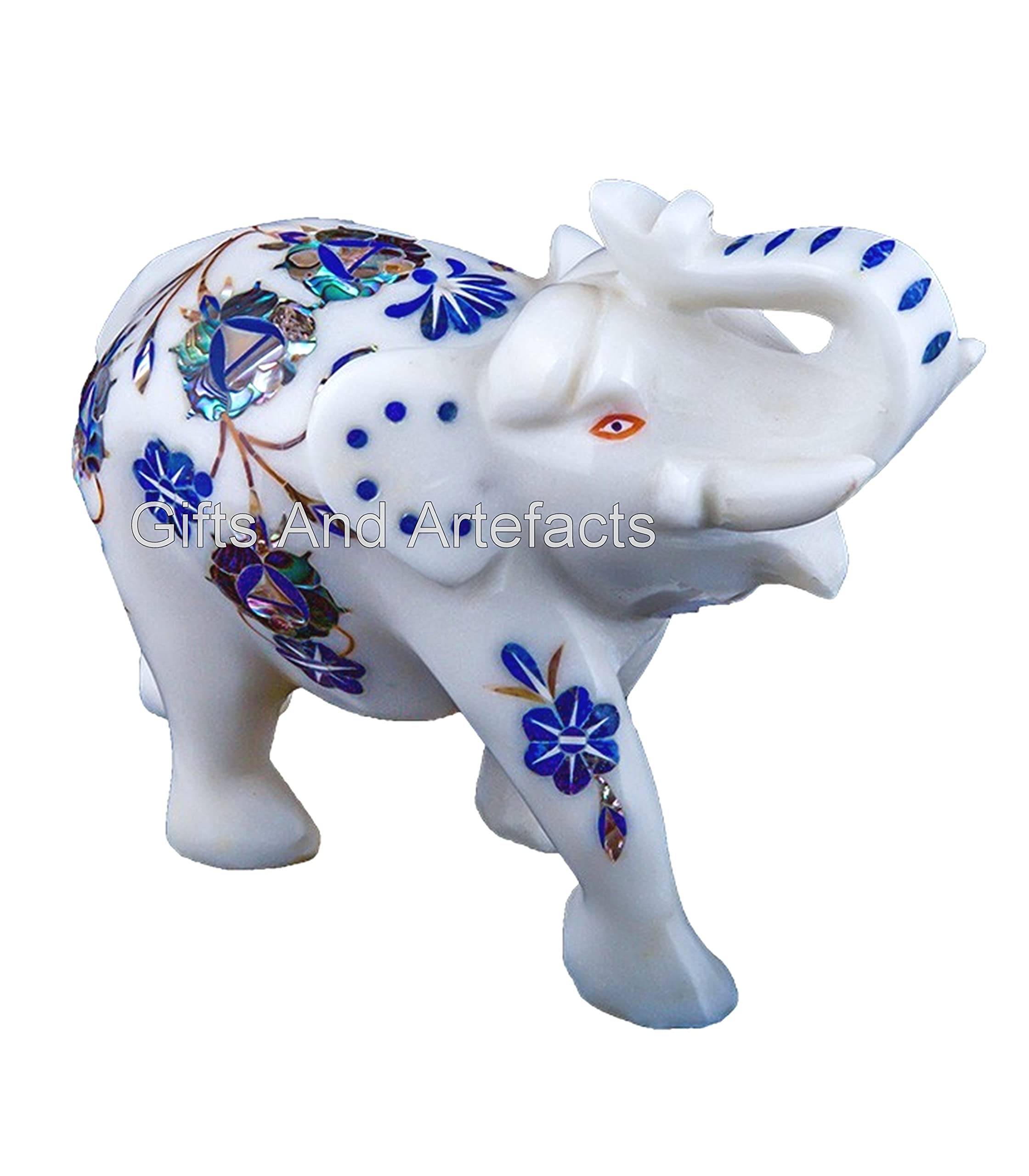 Estatua de elefante con incrustaciones de lapislázuli Lazui, hecha a mano, elefante de la buena suerte, 12,7 cm, estatua de mármol para regalo, acento decorativo, figura de mármol para decoración de