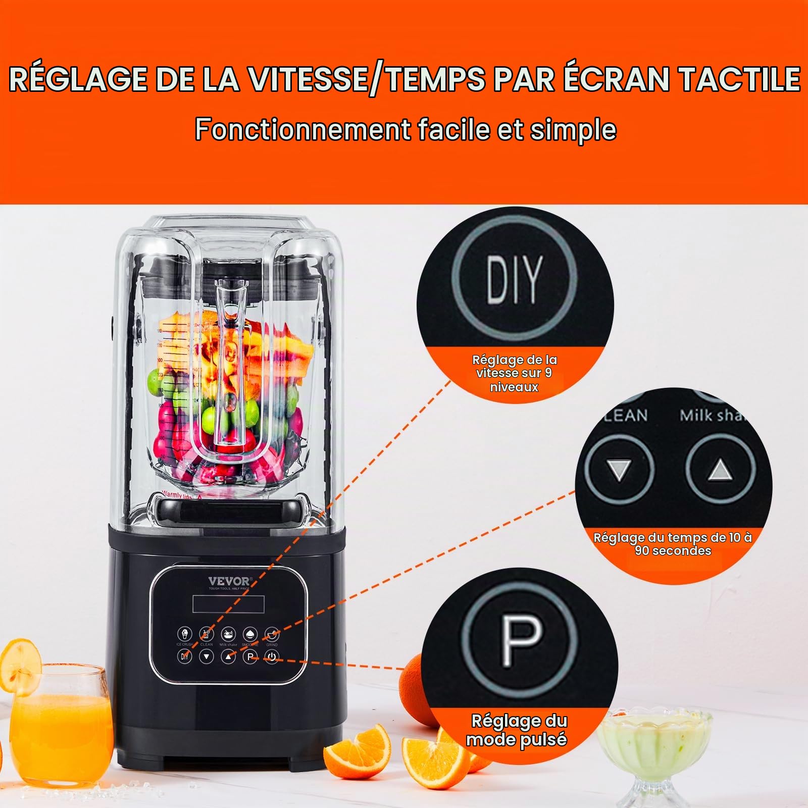 VEVOR Mixeur Professionnel 2 L, Blender Électrique de Comptoir, Mélangeur Multifonctionnel avec Bouclier et Bol en Plastique, 9 Vitesses et 5 Fonctions, pour Boissons Glacées Milk-shakes Smoothies