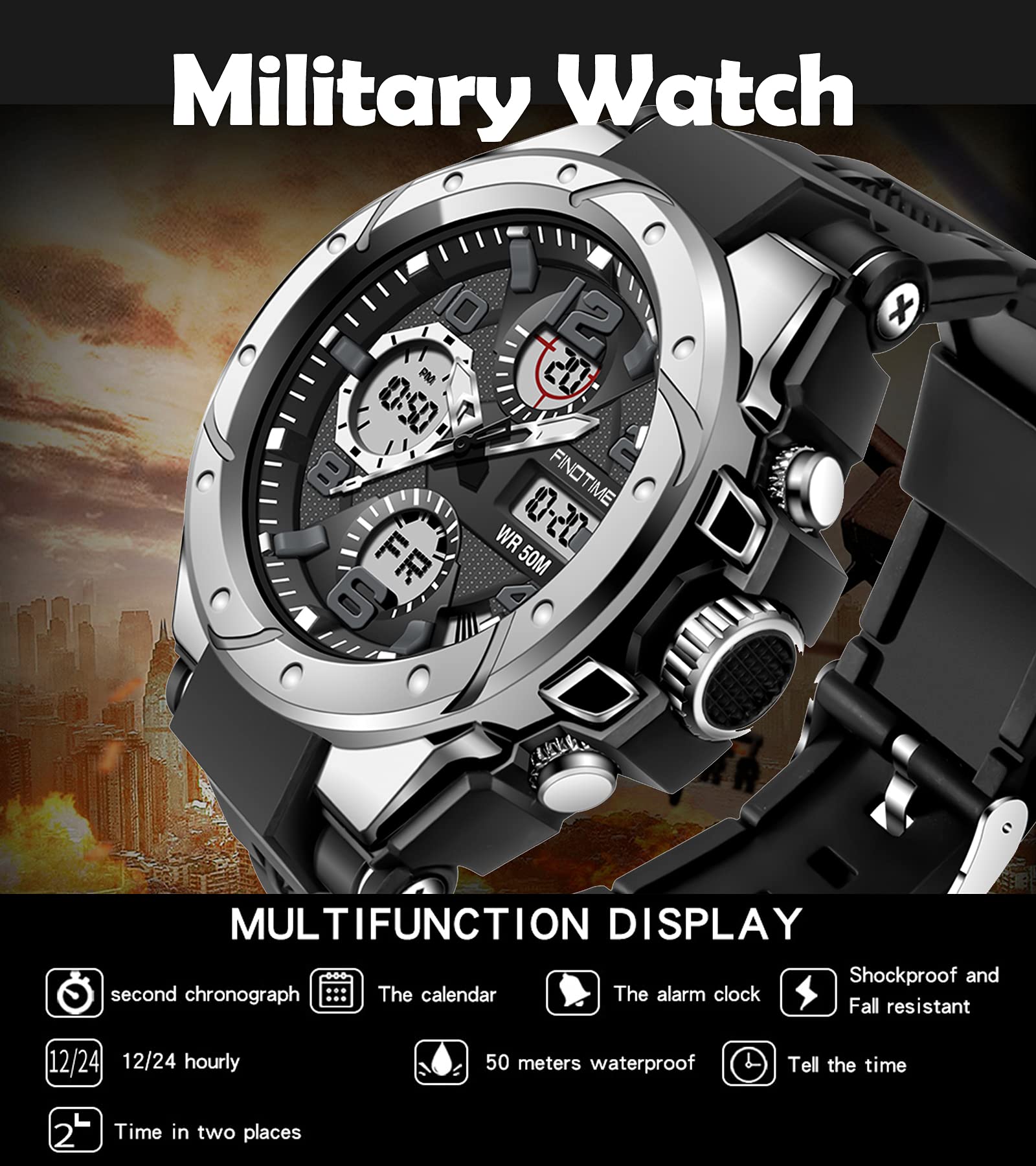 findtime Reloj Deportivo táctico Militar para Hombre con Esfera Grande, cronómetro, Alarma, visualización analógica de Doble Hora, retroiluminación, Impermeable para Exteriores