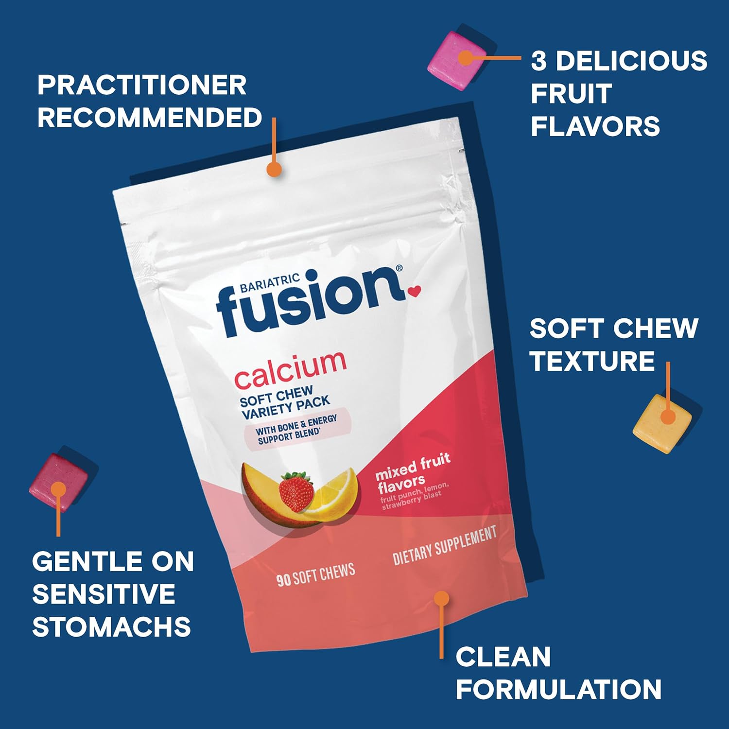 Bariatric Fusion Bariatric Calcium Supplement Chews | Calcium Citrate with Vitamin D3 Bariatric Vitamin | Sugar Free Chewable | 500mg | Variety Pack | 90 Count - Image 3