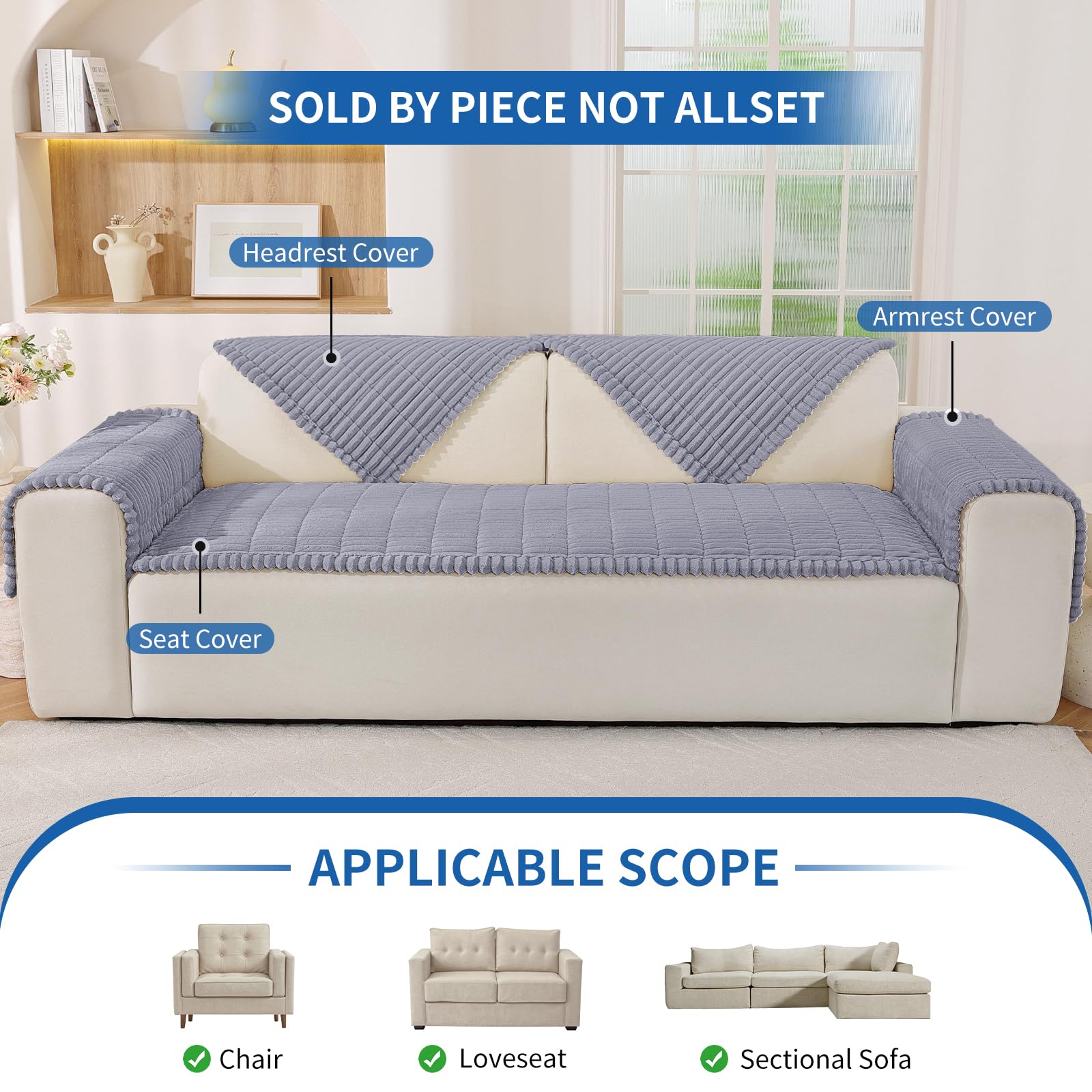 Housse De Canapé Flanelle Epais, Couvre Canapé d'Angle Lavable Antidérapante Anti-Taches, 70x150cm, Gris Clair