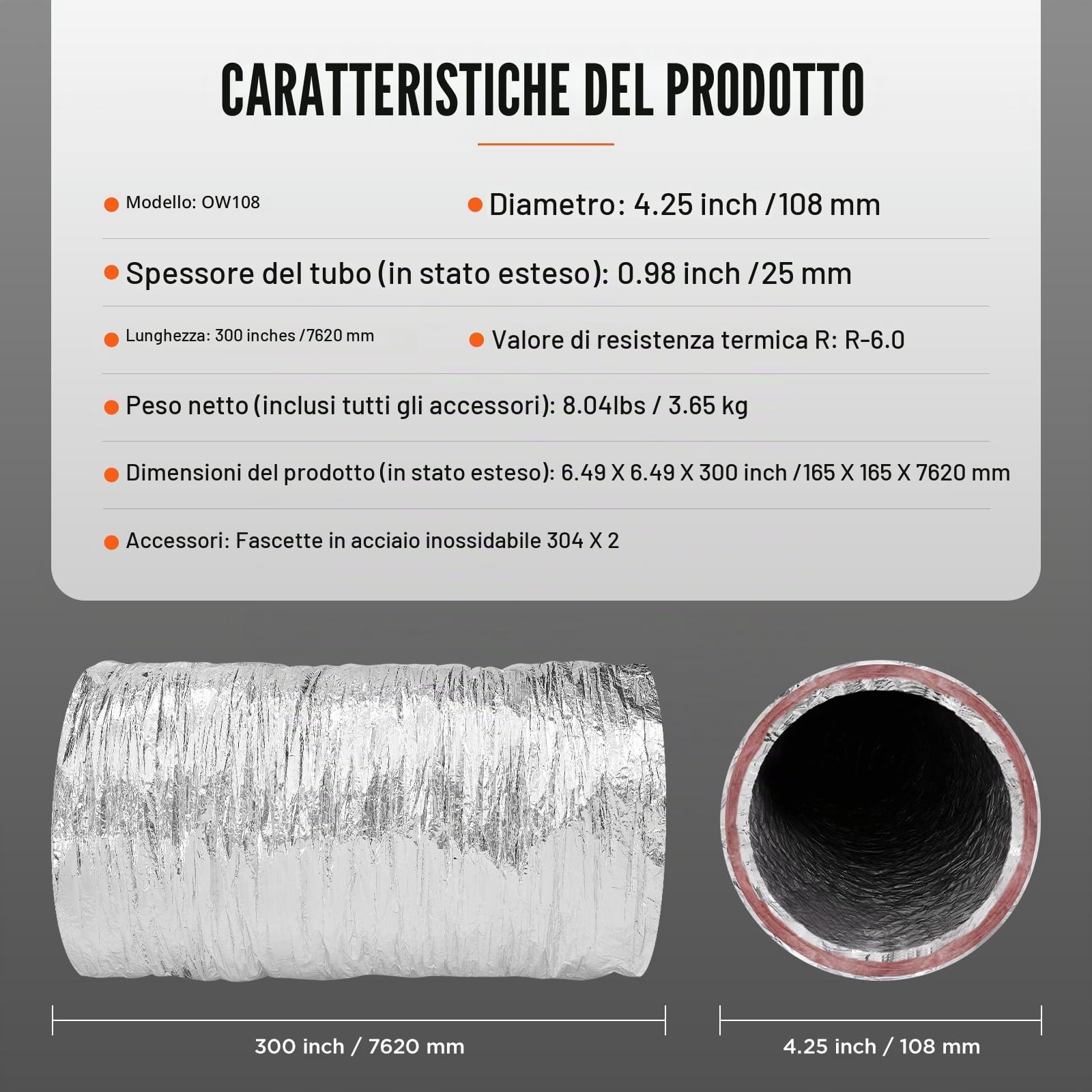 VEVOR Tubo Flessibile Coibentato 108x7620 mm Condotto di Sfiato Termoisolante in Alluminio PET con 2 Fascette Stringitubo Protezione a Tre Strati per Ventilazione, Riscaldamento, Raffreddamento, R-6.0