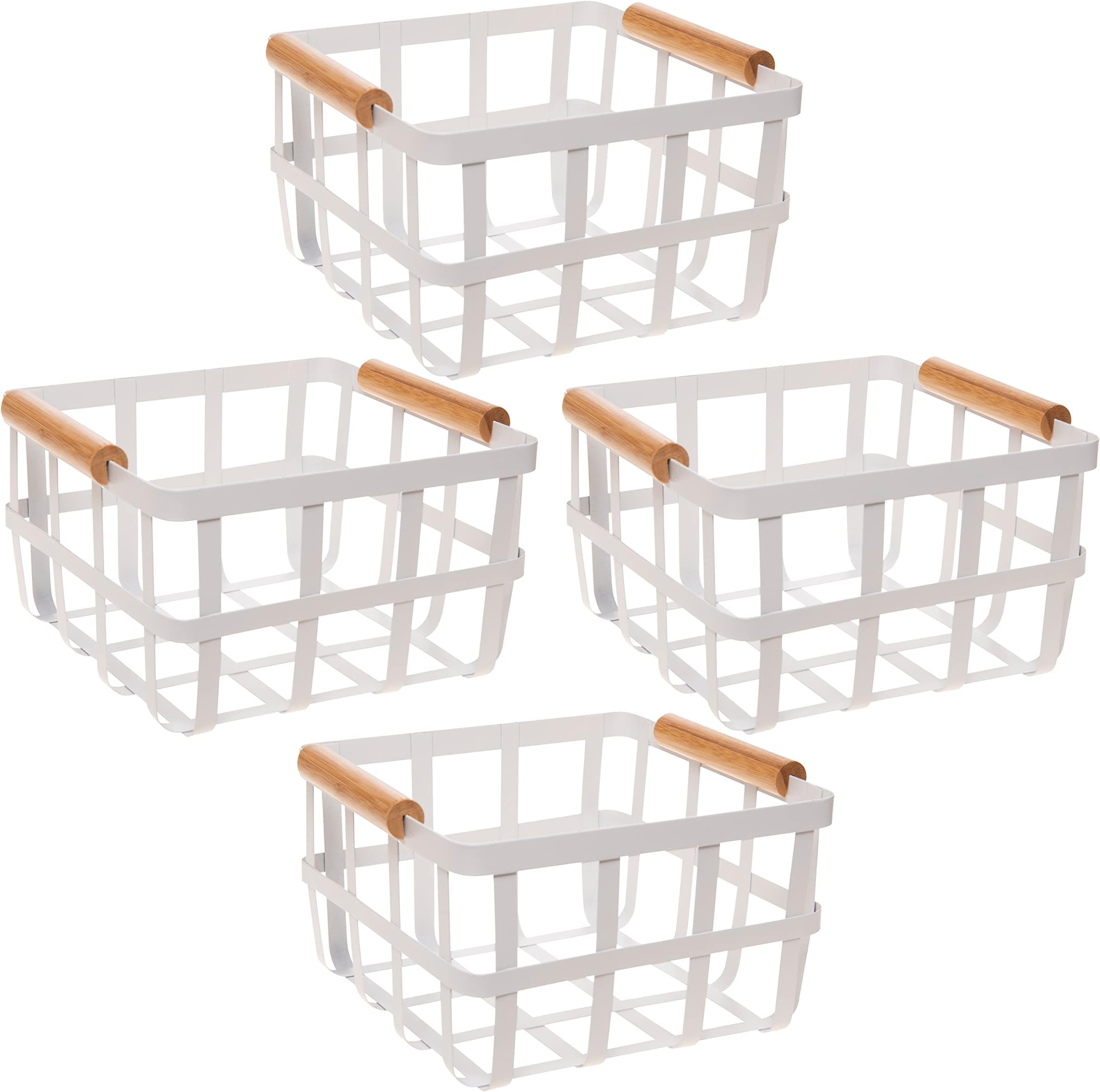 Simplify4 Pack Square White Metal Storage Basket with Bamboo Handles, Farmhouse Style, Home Organizer, Decorative, Rustic, Medium