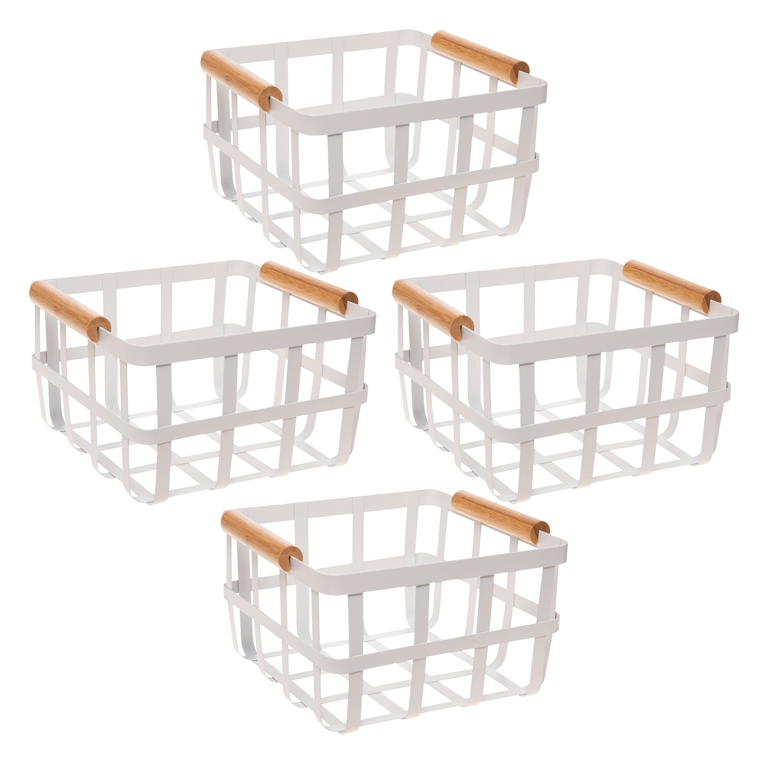 Simplify4 Pack Square White Metal Storage Basket with Bamboo Handles, Farmhouse Style, Home Organizer, Decorative, Rustic, Medium