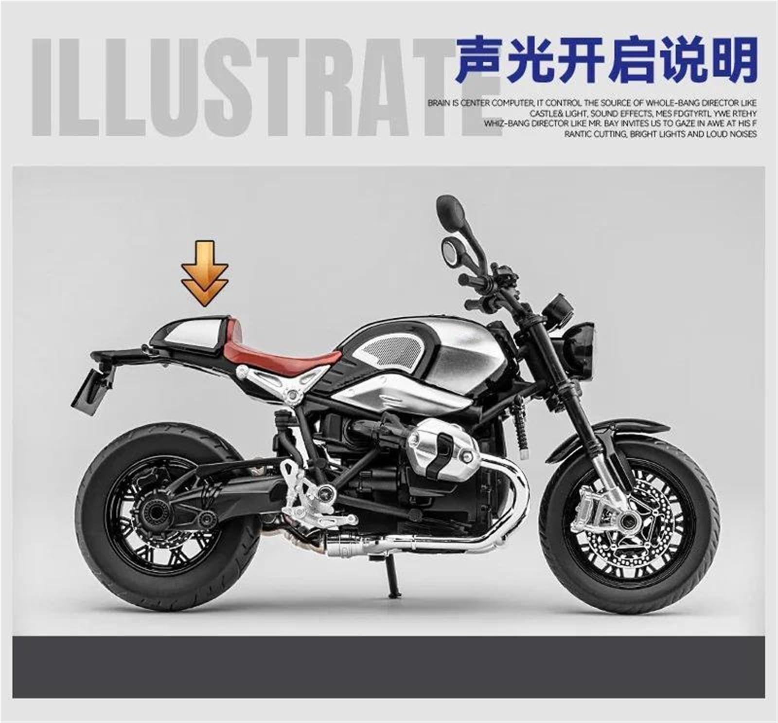 Modelo de Juguete Moto De Juguete con Sonido Y Luz, Metal Fundido A Presión A Escala 1/12, Modelo En Miniatura, Regalo Colección para BMW R Nine T(Silver)