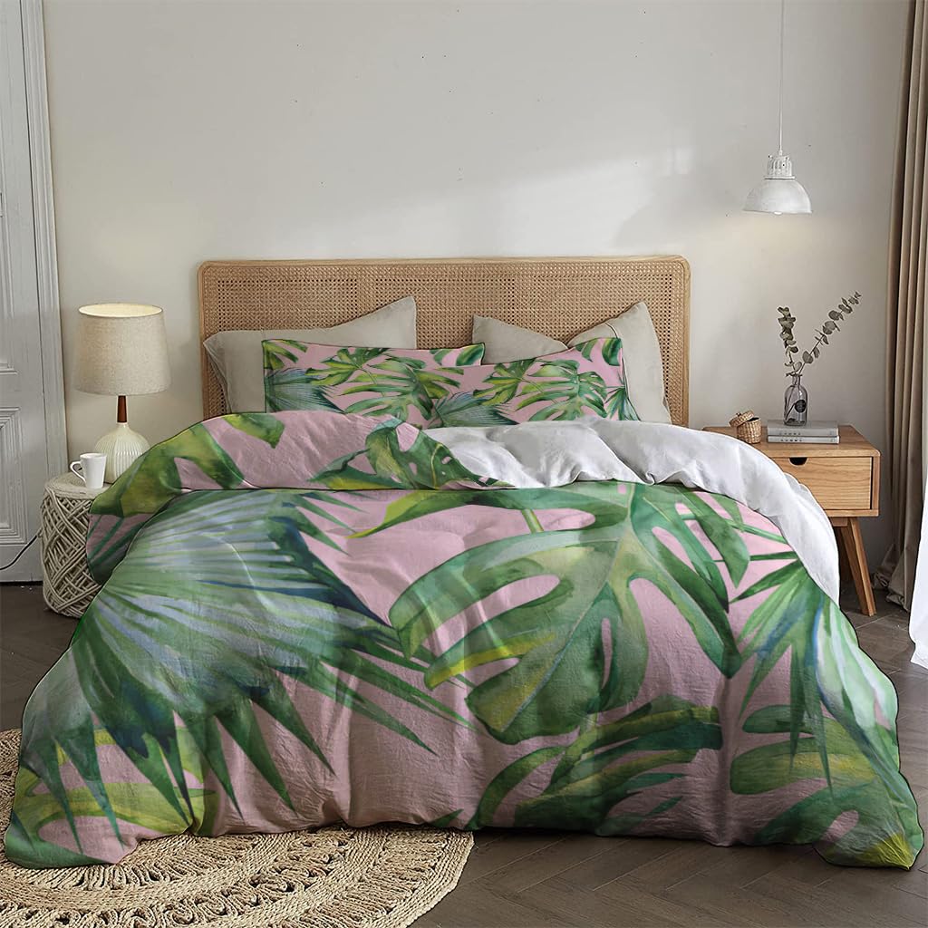 NIBAINLO 布団カバー水彩画 トロピカル モンステラ の葉 ピンクの背景 肌に優しい ピーチスキン加工 掛け布団カバー 和式 洋式 あったか 布団カバーセット リバーシブル ホームステイ ホテル 家庭兼用