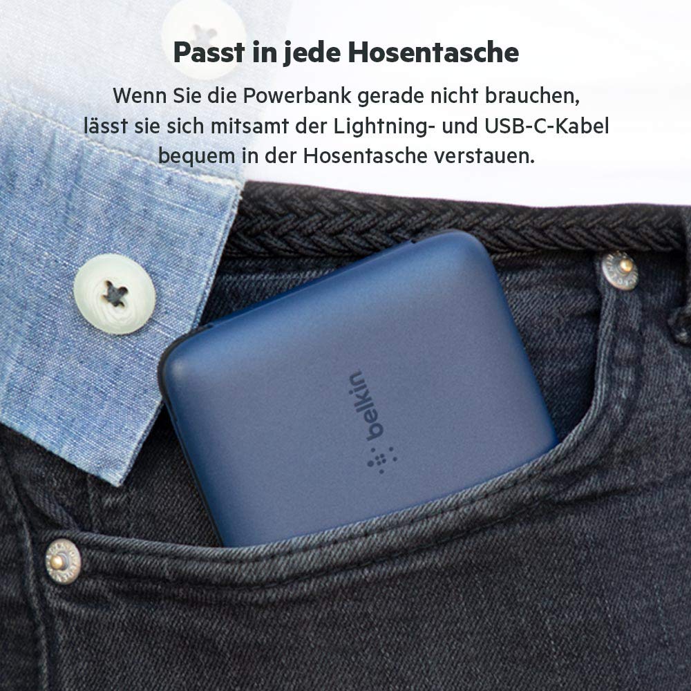 Belkin BOOSTCHARGE Plus 10K tragbares Ladegerät und Powerbank (10.000 mAh mit integriertem Lightning- (MFI) und USB-C-Kabel und zusätzlichem USB-C-Ladeanschluss) – Blau