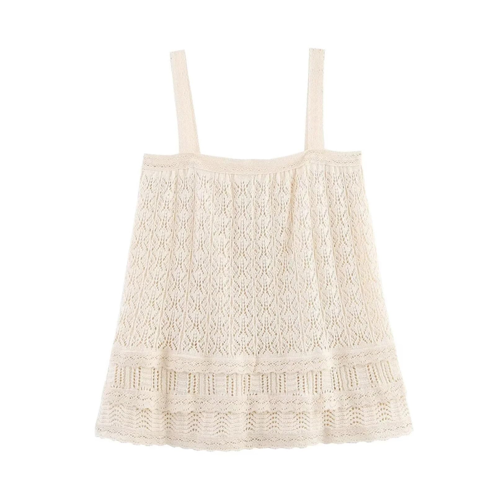 Maglia a Maglia con Scollo Quadrato, Decorazione in Pizzo e Cinturino in Jacquard, da Donna, Casual ed Estiva