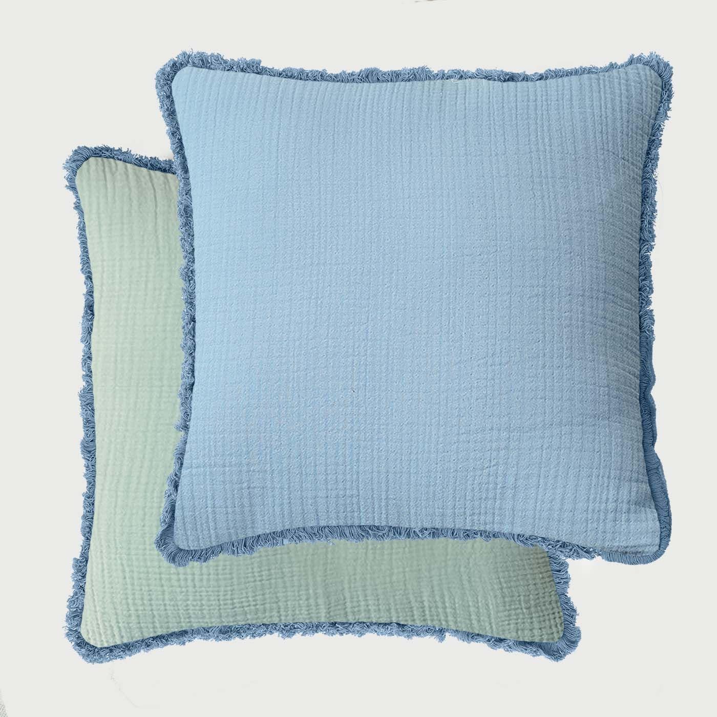 Folkulture Throw Pillow Covers | (18x18) Set of 2 Fringed Reversible Dual Sided Decorative Pillows for Couch | 100% Organic Cotton | Green & Blue Cushion Covers | Boho Home Décor