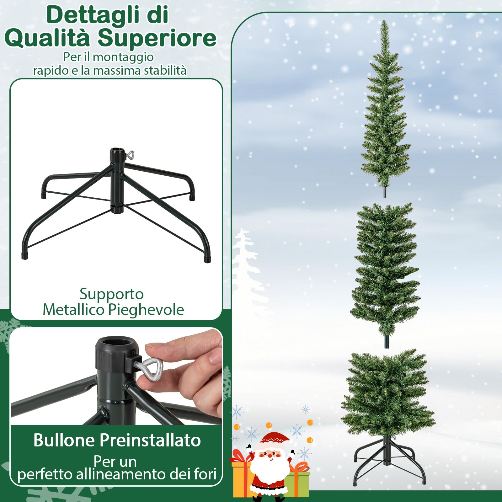 COSTWAY Albero di Natale Slim da 150/180/210 CM, Albero di Natale Artificiale con 150/180/200 Luci LED Bianche Calde, 296/390/499 Punte di Ramo e Supporto Pieghevole in Metallo (180 cm)