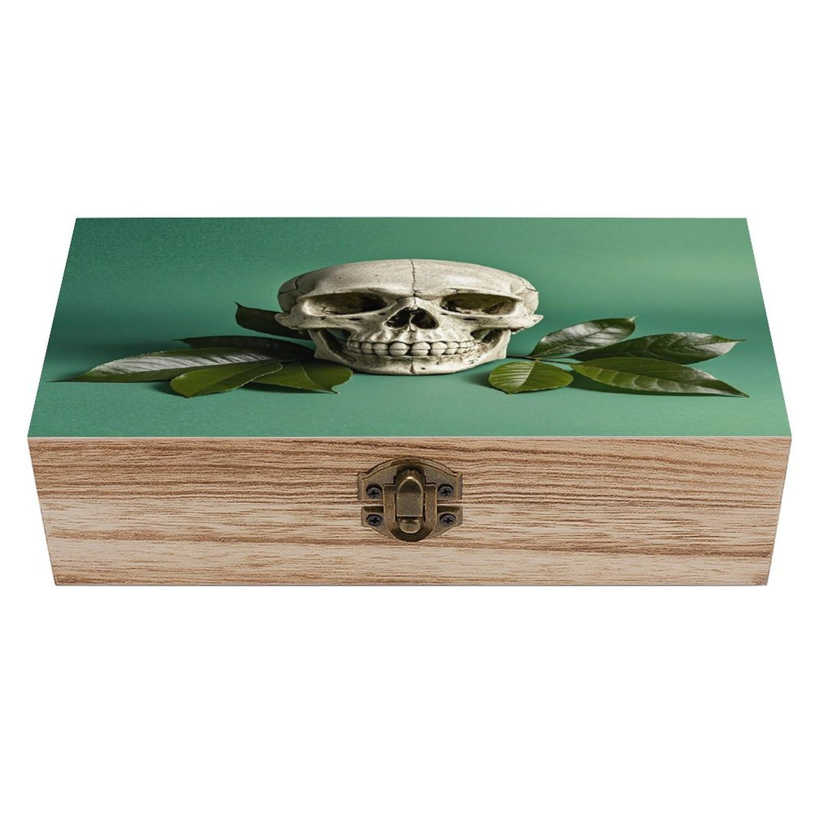 FekiLoot Green Background Skull And Leaves Wooden Storage Box Exquisite Wood Keepsake Box Vintage Wooden Gift Jewelry Case for Crafts And Photo Storage Boxes