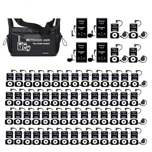 Retekess T130 Tour Guide System Wireless, Interpreter Device Portable 60 Slot Handbag, 4 Transmitters, 60 Receivers, for Church, Training, Translator