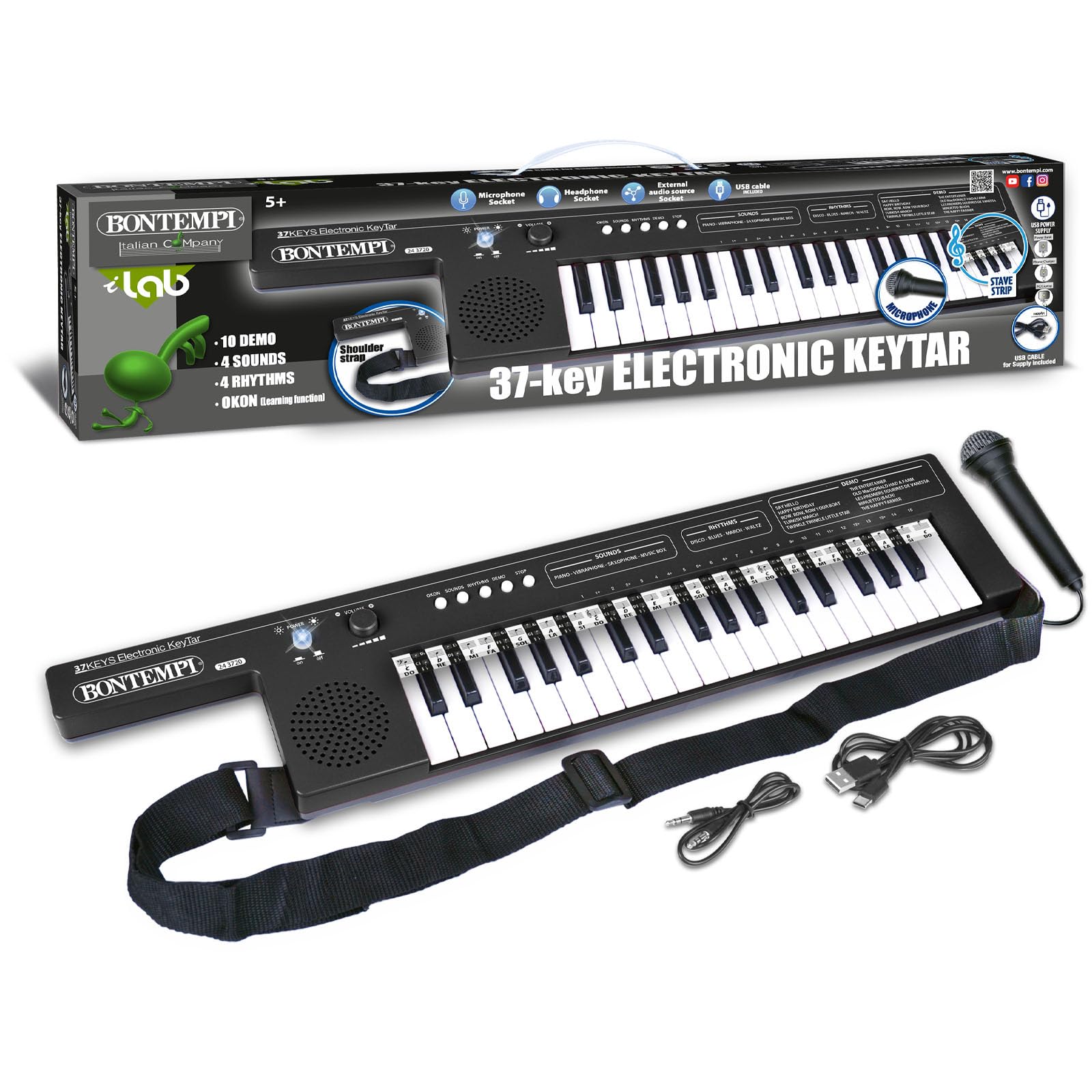 Bontempi | KeyRhythm - Teclado de 37 teclas con correa de hombro | batería recargable para la libertad musical sin límites
