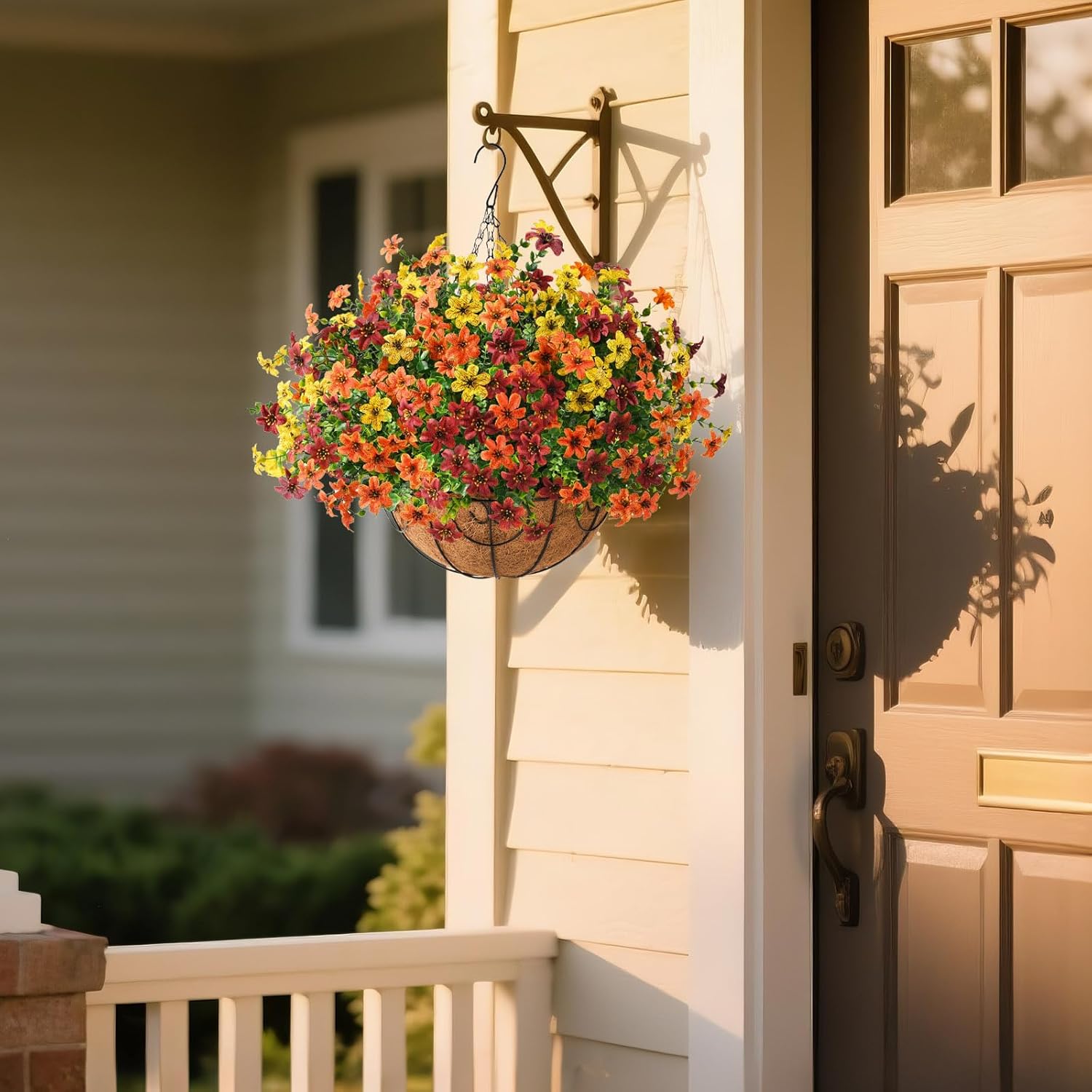 INQCMY Artificial Flowers Hanging Baskets for Outdoors Spring Decor, 12 Bundles Fake Plants Faux Silk Daisy with Eucalyptus Stem UV Resistant for Outside Patio Balcony Garden(Orange Brown Yellow) - Image 2