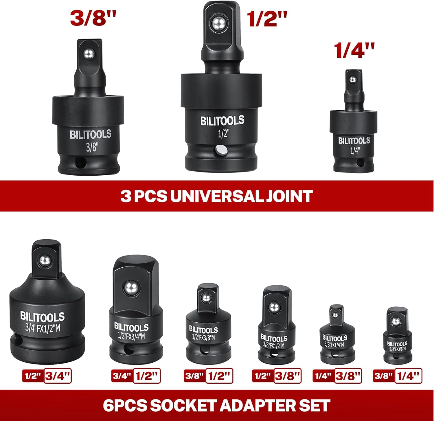 BILITOOLS Socket Adapter Set 17 Piece includes Reducer, Universal Joint Socket Set, Drill Adapter 1/4" 3/8" 1/2"