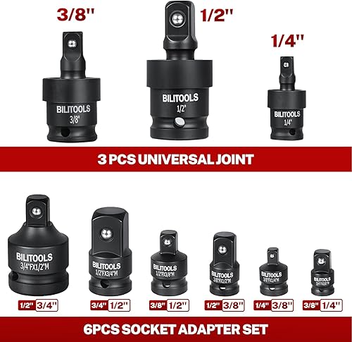 Miniatura 4 de BILITOOLS Juego de Adaptadores de Dados de 17 Piezas incluye Reductor, Juego de Dados de Junta Universal, Adaptador de Taladro 1/4" 3/8" 1/2"
