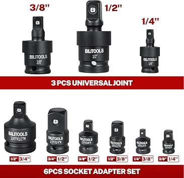 BILITOOLS 17-Piece Impact Socket Adapter, U-Joint & Drill Adapter Set | Cr-V Adapters, Cr-Mo Joints. Black Phosphate, Corrosion Resistant. Spring Detent Lock. 1/4 3/8 1/2 inch Drive, EVA Foam Tray