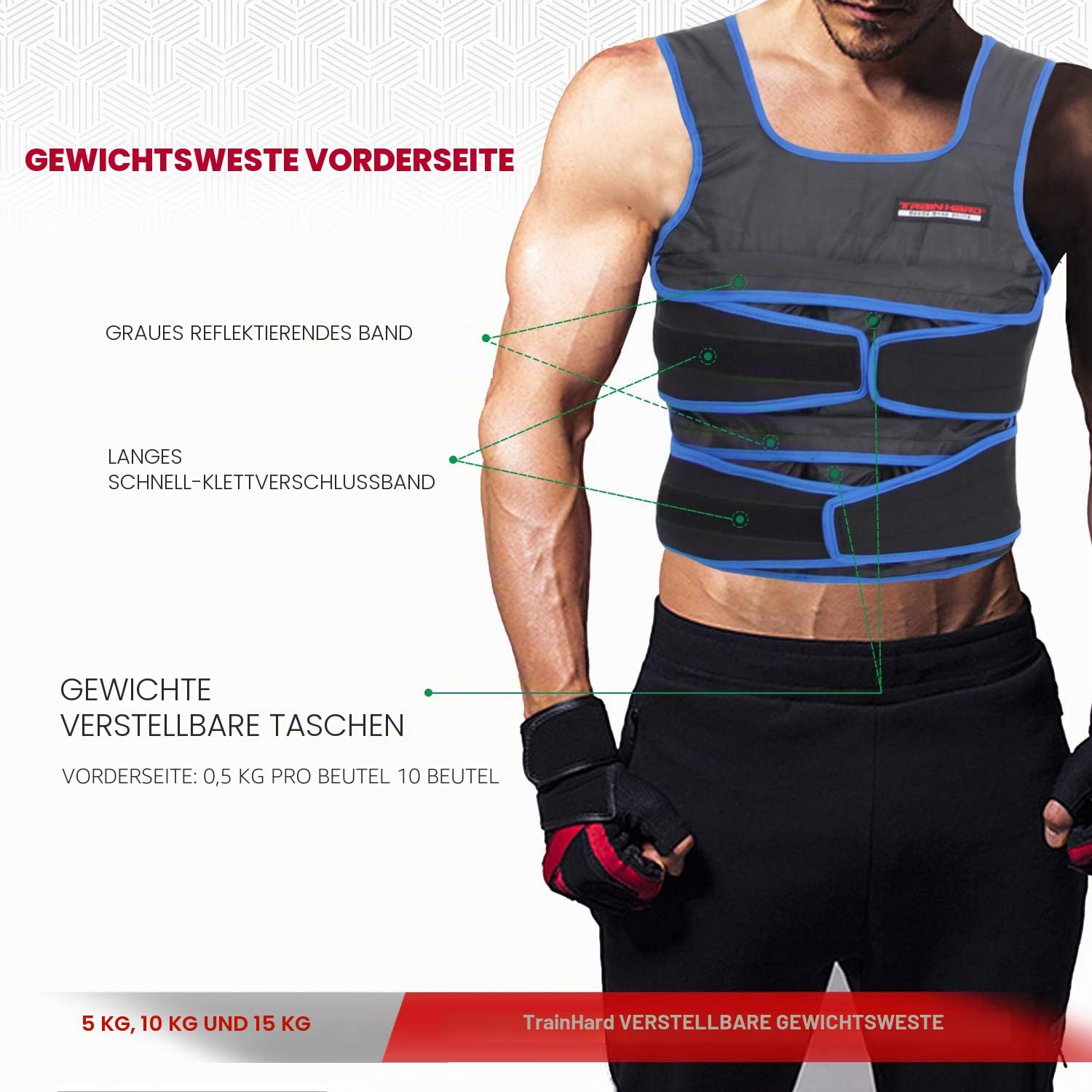 TrainHard 5 kg / 10 kg / 15 kg Verstellbare Gewichtsweste, Trainingsweste für Krafttraining, Laufen, Fitness, Cross Training