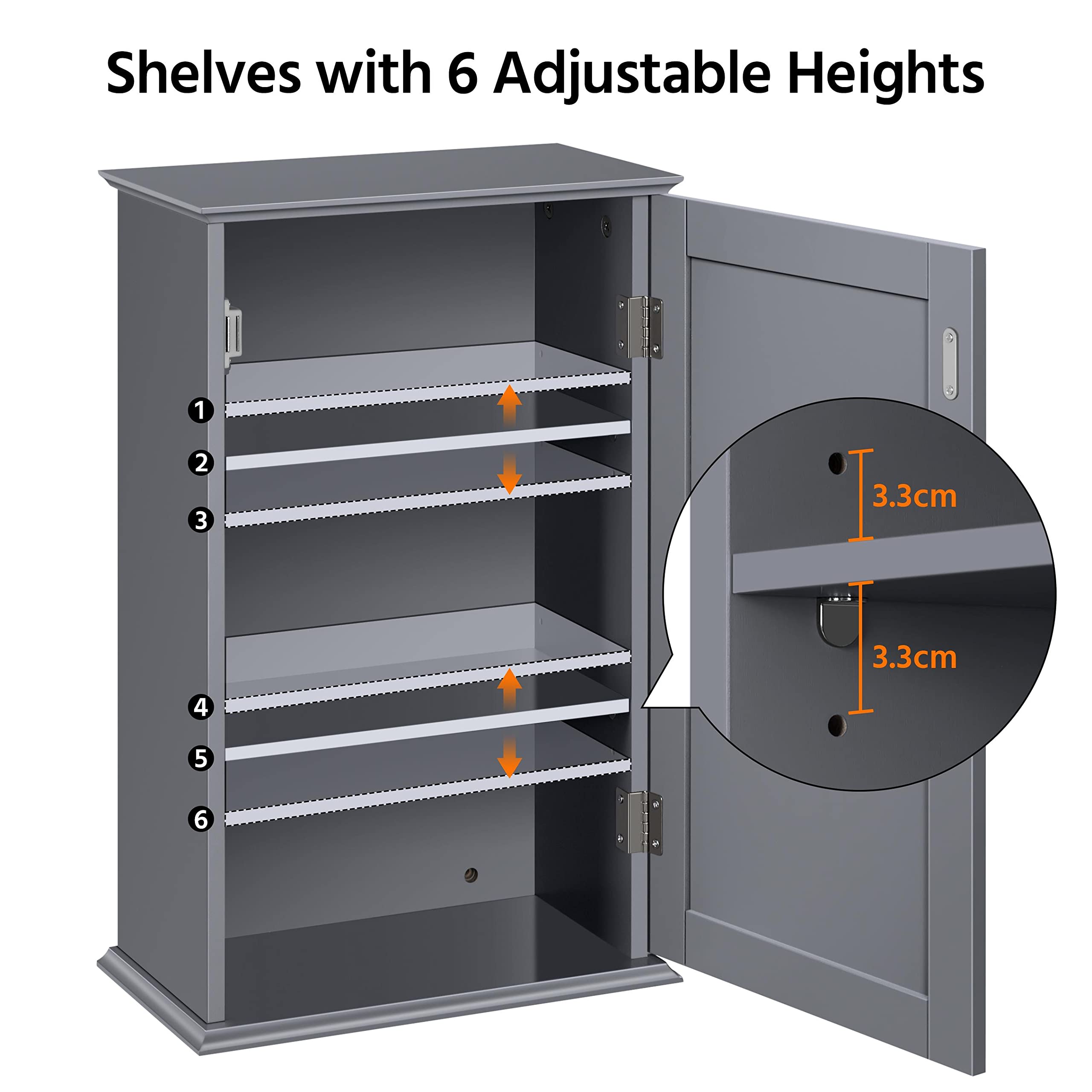 Yaheetech Armoire Murale de Toilette, Meuble de Rangement Suspendu Salle de Bain, 35 x 20,7 x 55 cm, Armoire à Pharmacie, 2 Étagère Réglables, avec Porte, en Bois Blanc WC Cuisine Gris