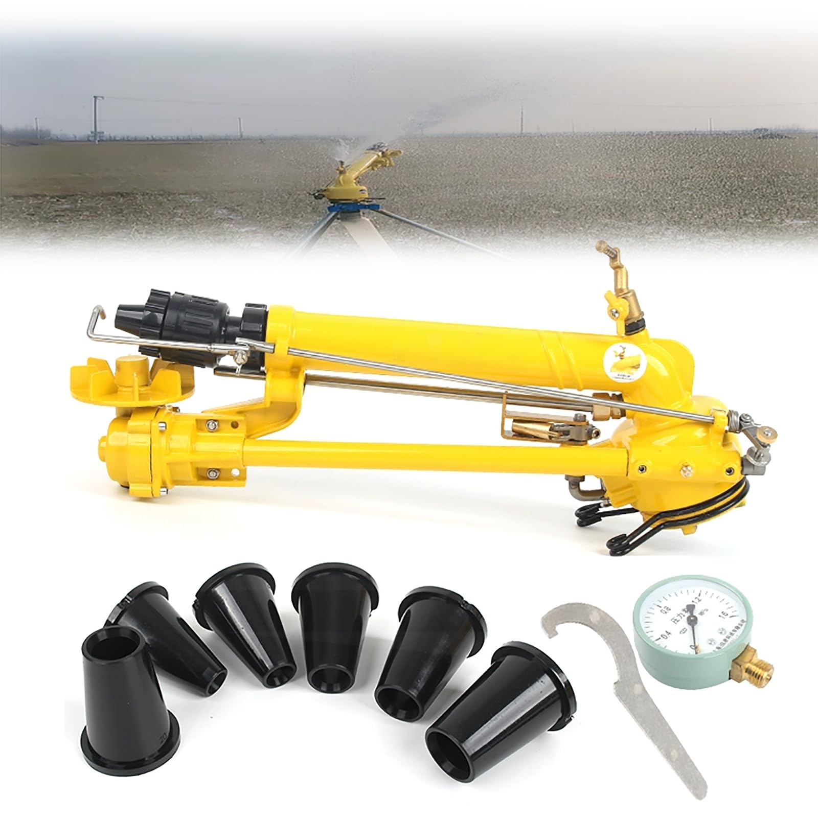 Arroseur à turbine avec manomètre, 7 buses, 0,2-0,5 MPA, réglable à 360 °, pistolet pulvérisateur d'irrigation agricole, pulvérisation d'arrosage à grande surface, irrigation uniforme et longue portée