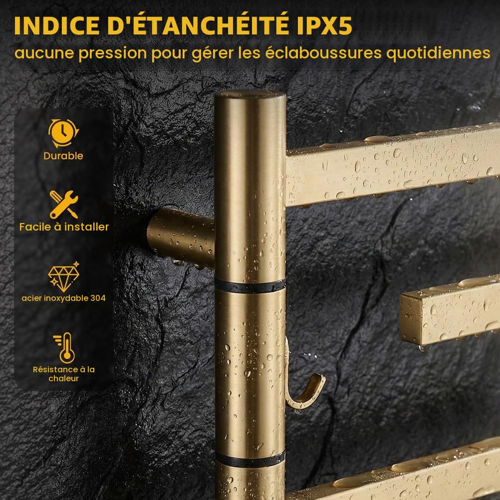 Sèche-Serviettes Électrique, Radiateur Porte-Serviettes Chauffant,65 W, Doré, Mural, Double Face Rotative, en Acier Inoxydable 304 avec Minuterie Intégrée, Plug in
