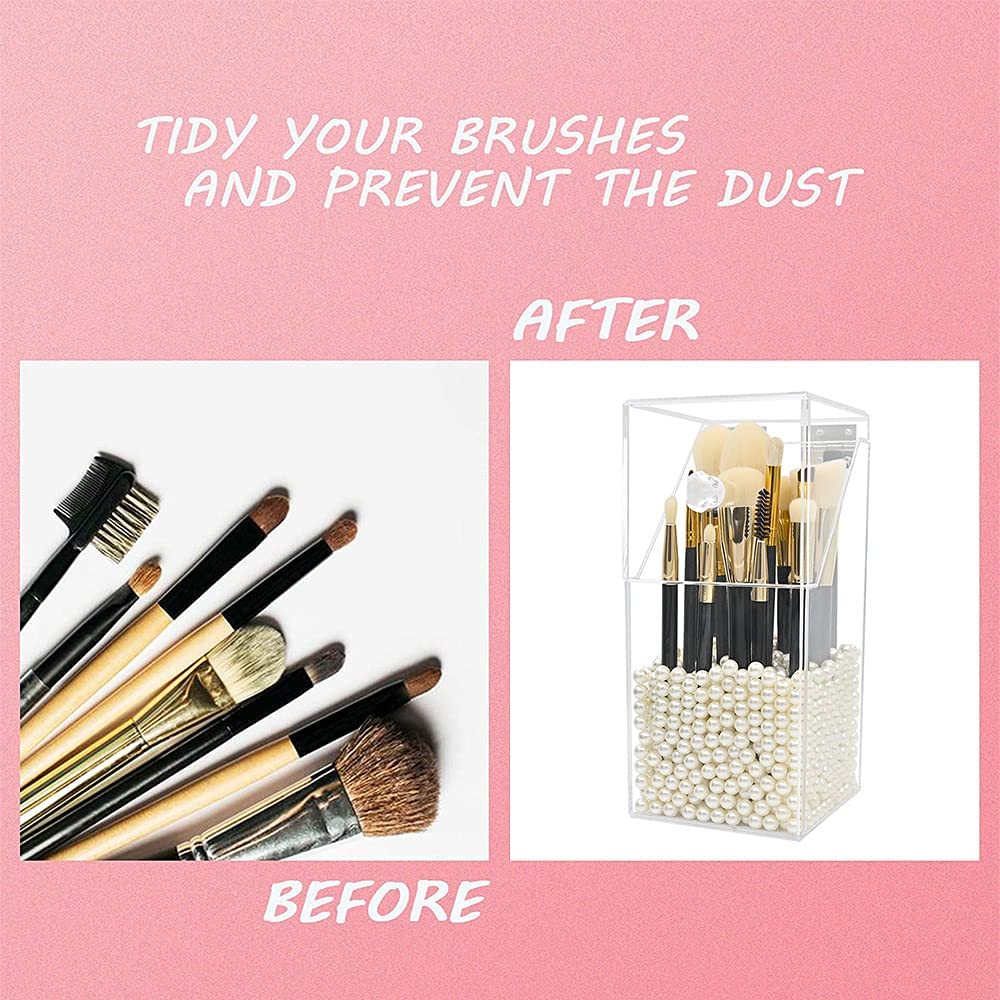 Organisateur à Pinceaux De Maquillage En Acrylique Avec Perles – Boîte Anti-poussière Avec Couvercle – Range Vanité, Commode