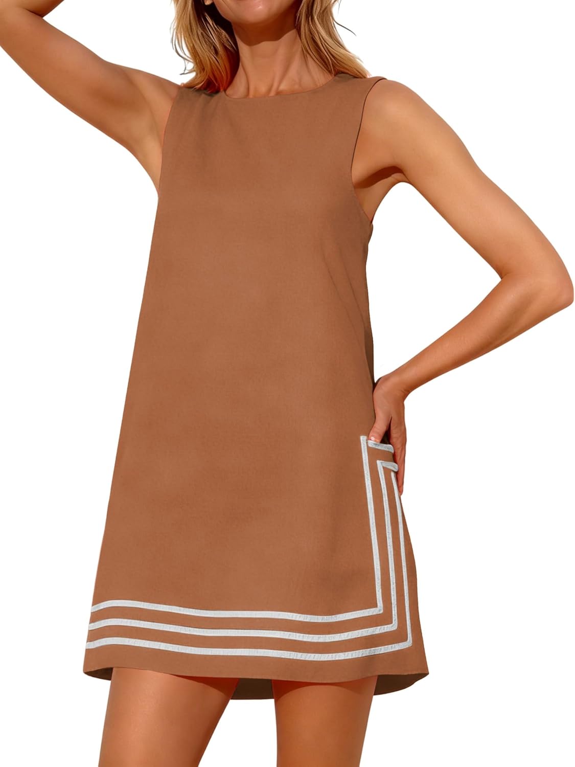Womens Summer Boho A-Line Mini Dress Sleeveless Sundress Color Block Beach Coverups