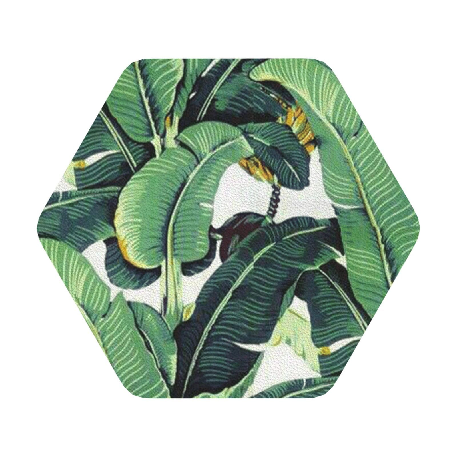 Tropical Banana Palm Leaves PU Leather Coasters Set of 6 Hexagon Drink Coasters