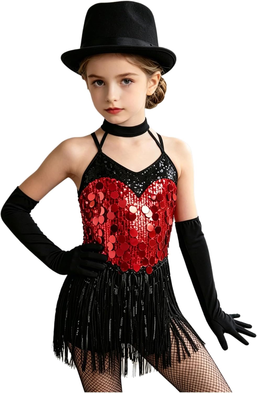 Jugaoge Girls Fringe Latin Dance Dress with Gloves Sparkly Sequin V Neck Sleeveless Jazz Hip Hop Rumba Leotard for Stage Show