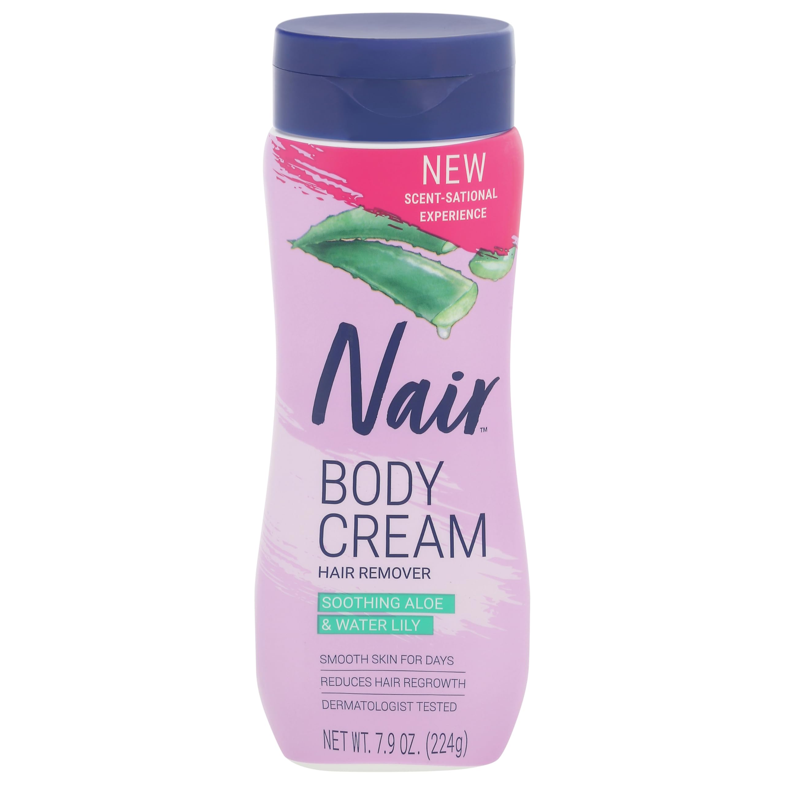 Nair Hair Removal Body Cream With Aloe and Water Lily, Leg and Body Hair Remover, 7.9 (224g) Oz Bottle, White