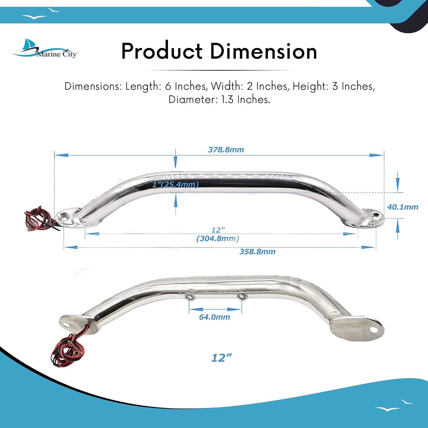 MARINE CITY Polished Stainless Steel Grab Rail Handle with LED Lights for Boats Yachts RVs
