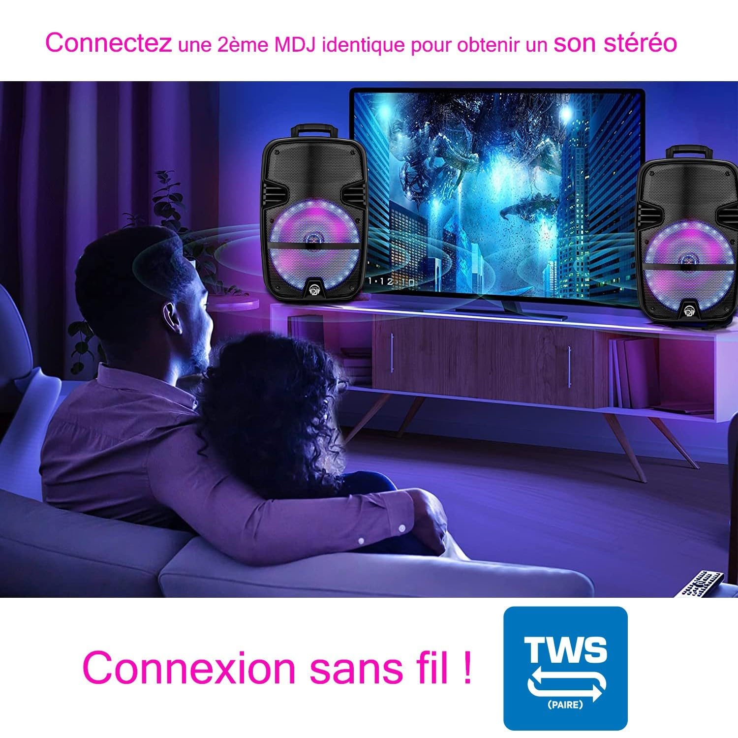 Enceinte Sono 600W Portable sur Batterie, Karaoké DJ USB, Bluetooth, TWS, 2 Micros, Lumière, Cadeau Soirée Fête Anniversaire