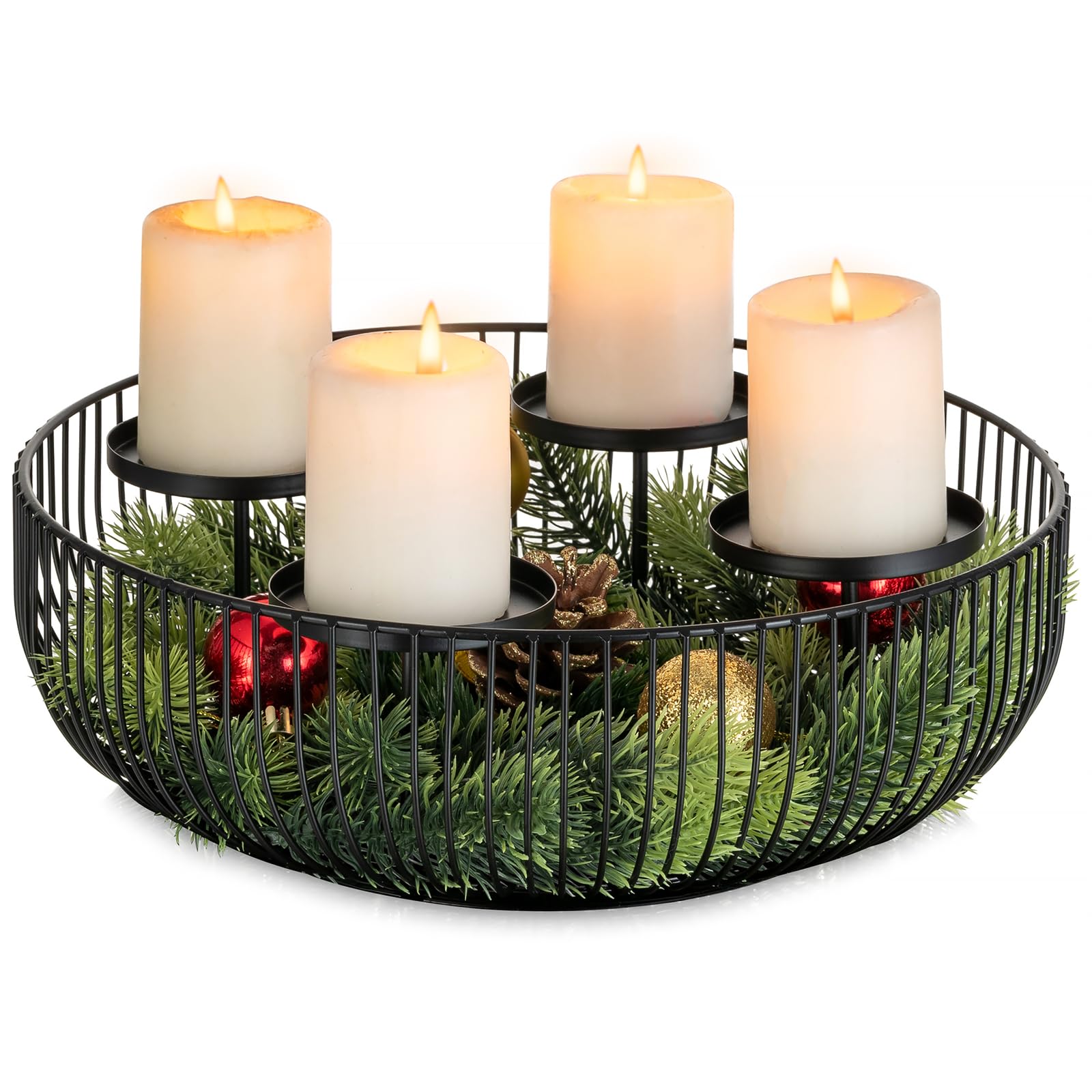 Sziqiqi Bougeoir Couronne Avent Métal, Moderne Arrangement de l'Avent Noir Support de Bougie de Avent pour 4 Bougies Piliers, Candélabres Ronde pour Décoration de Noël Avent