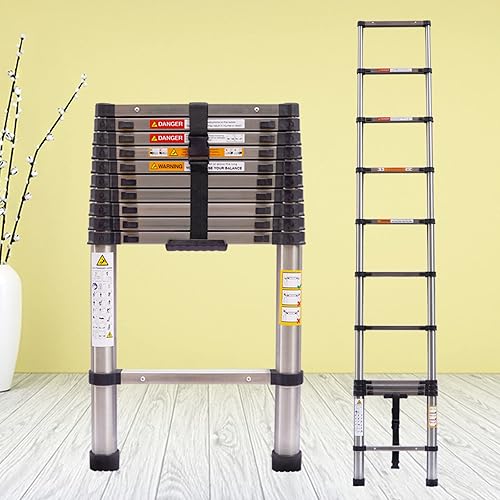 Miniatura 18 de Escalera telescópica de acero inoxidable de 8.5 pies, escalera telescópica de extensión resistente, portátil, plegable, resistente y sólida