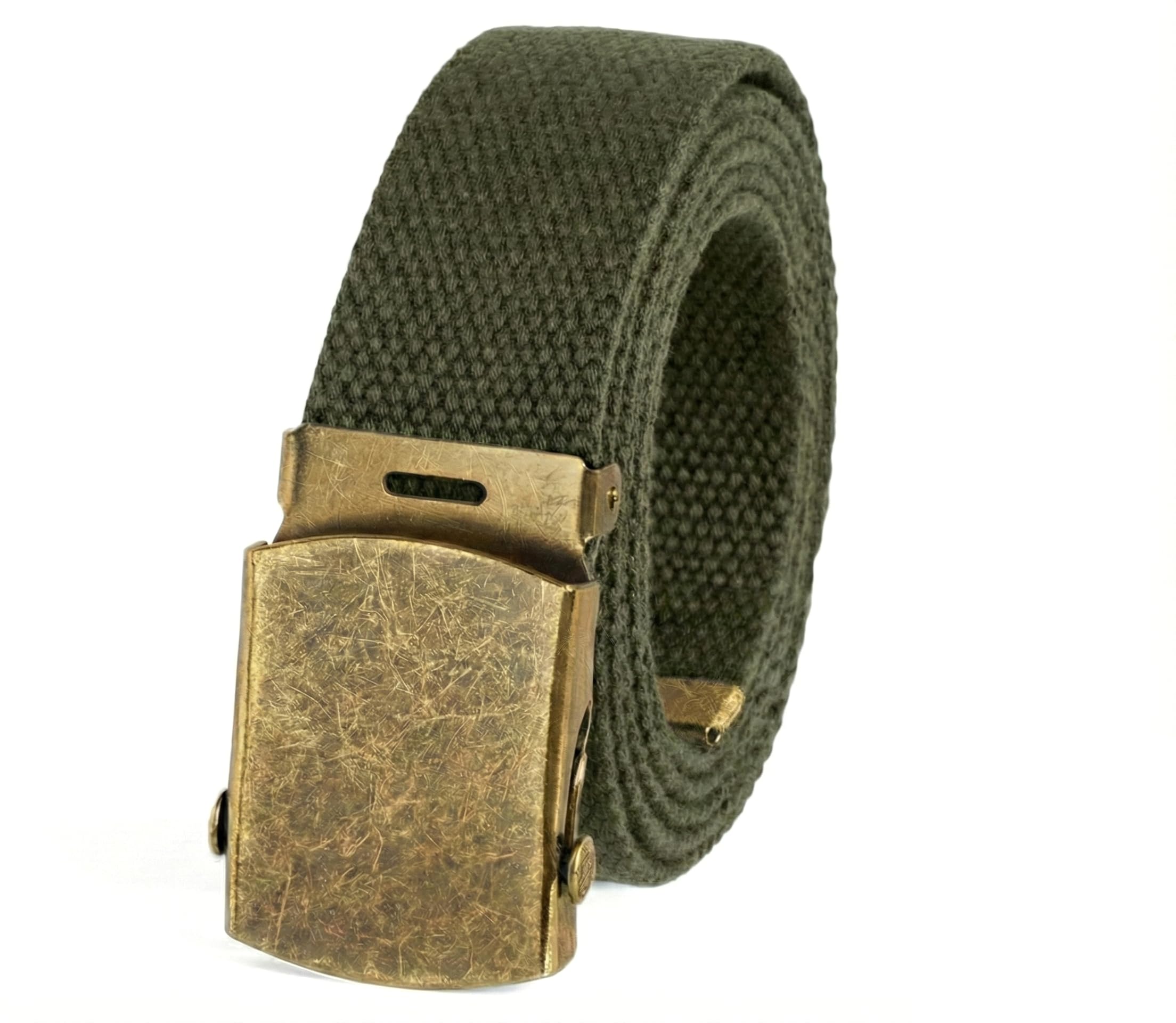 Canvas Web Belt Military Style with Antique Brass Buckle and Tip 50" Long, Olive, One size