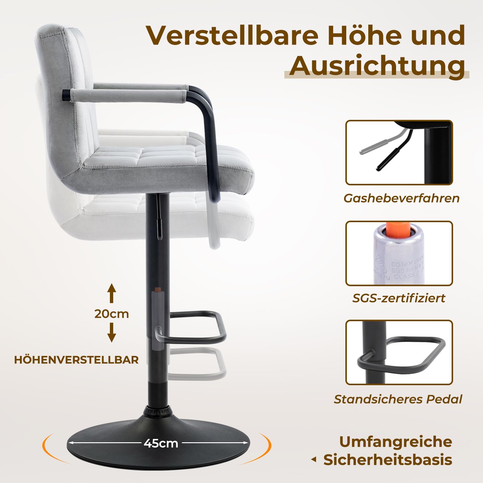 Verstellbarer Barhocker, Drehbarer Barhocker, 2er-Set, Thekenhocker mit Armlehne und Fußstütze, Gepolsterte Barstühle für Küche und Esszimmer, Samt-Grau
